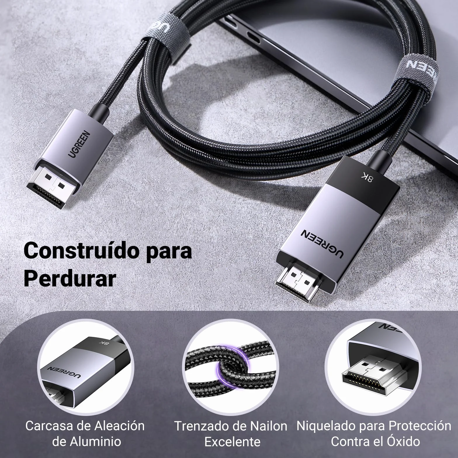 UGREEN Cable DisplayPort 1.4 a HDMI 2.1 Unidireccional 8K 60Hz 4K 240Hz HDR HDCP Nylon Trenzado Compatible con PC TV Proyector Monitor, 2M