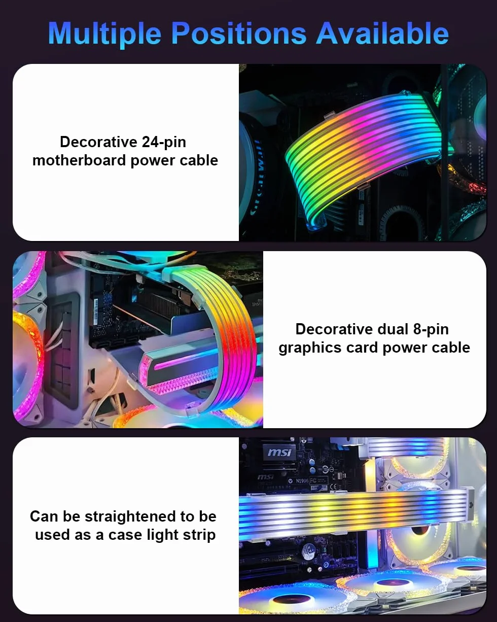 ARGB PSU Cable Cover Kit, Aurora RGB Power Extension Cable Cover Kit for Motherboard and GPU PC Cable, 5V 3-Pin ARGB Motherboard ATX/MATX/ITX, Suitable for 12+4-Pin/8-Pin/24-Pin Aurora-CO-BL