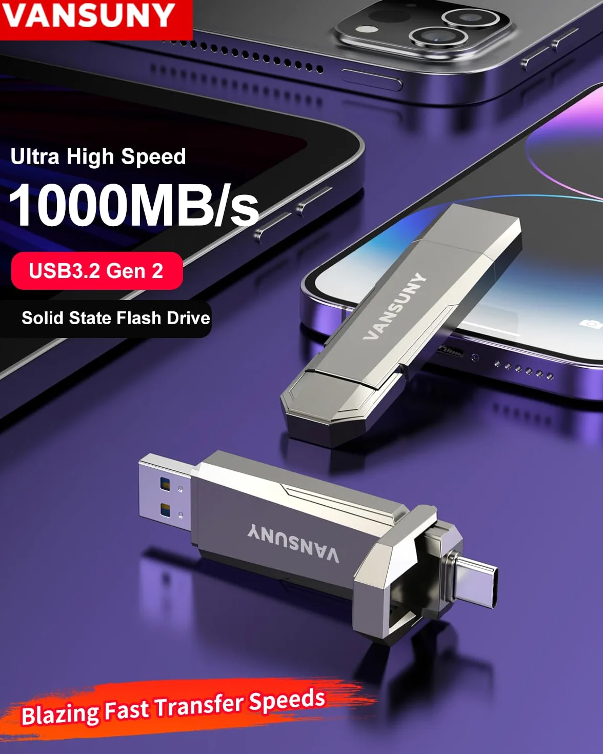Vansuny Pendrive USB C 512GB SSD Externo Velocidad hasta 1000 MB/s Memoria Externa USB 3.2 con Puertos Duales (USB-C + USB-A) para iPhone 15/ Mac/PC/Smartphone/Consola y Más