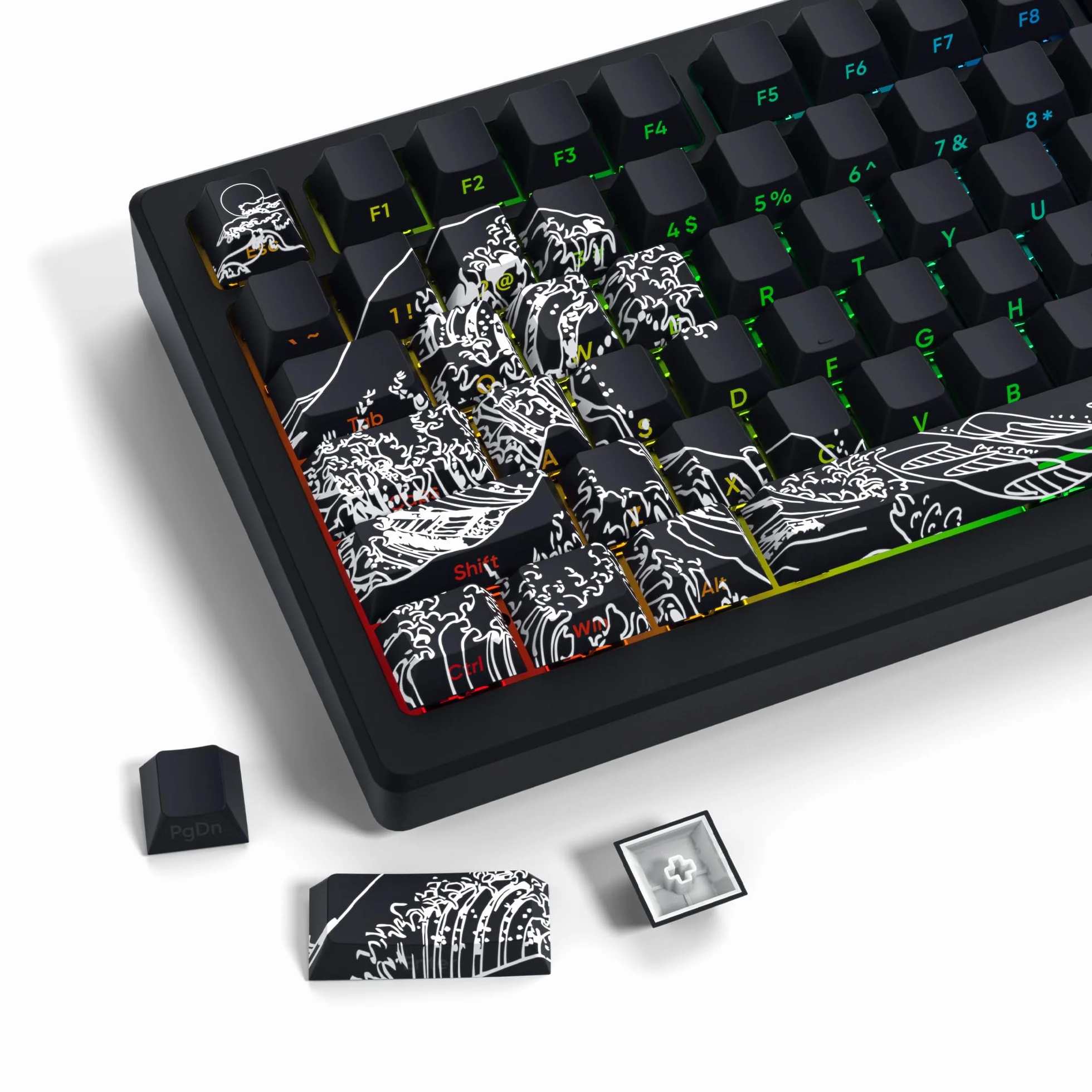 131 teclas PBT Keycaps Custom Keycap Cherry Profile Shine Through, Wave of Kanagawa Double Shot Keycaps Side Print, Dye Sub Keycap Set, Negro