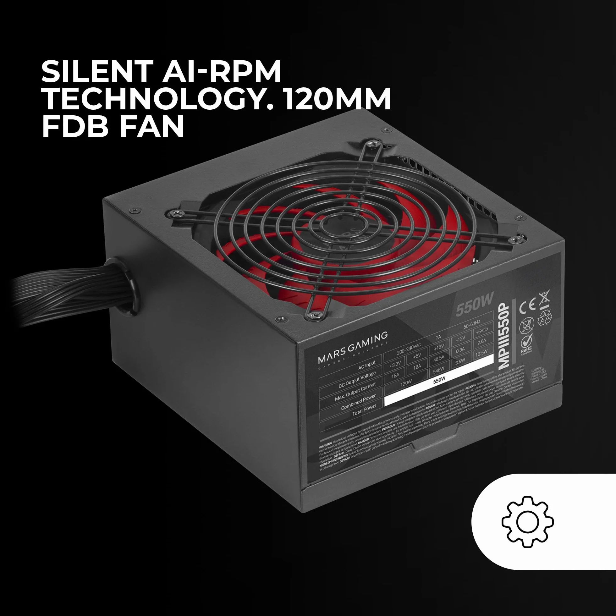 Mars Gaming MPIII550P, Fuente Alimentación ATX 550W, 5 Años Garantía, APFC, Ventilador FDB 120mm AI-RPM, Tecnologías DC-DC y SMD, Condensadores Japoneses 105º, Cables Premium Texturizados, Negro