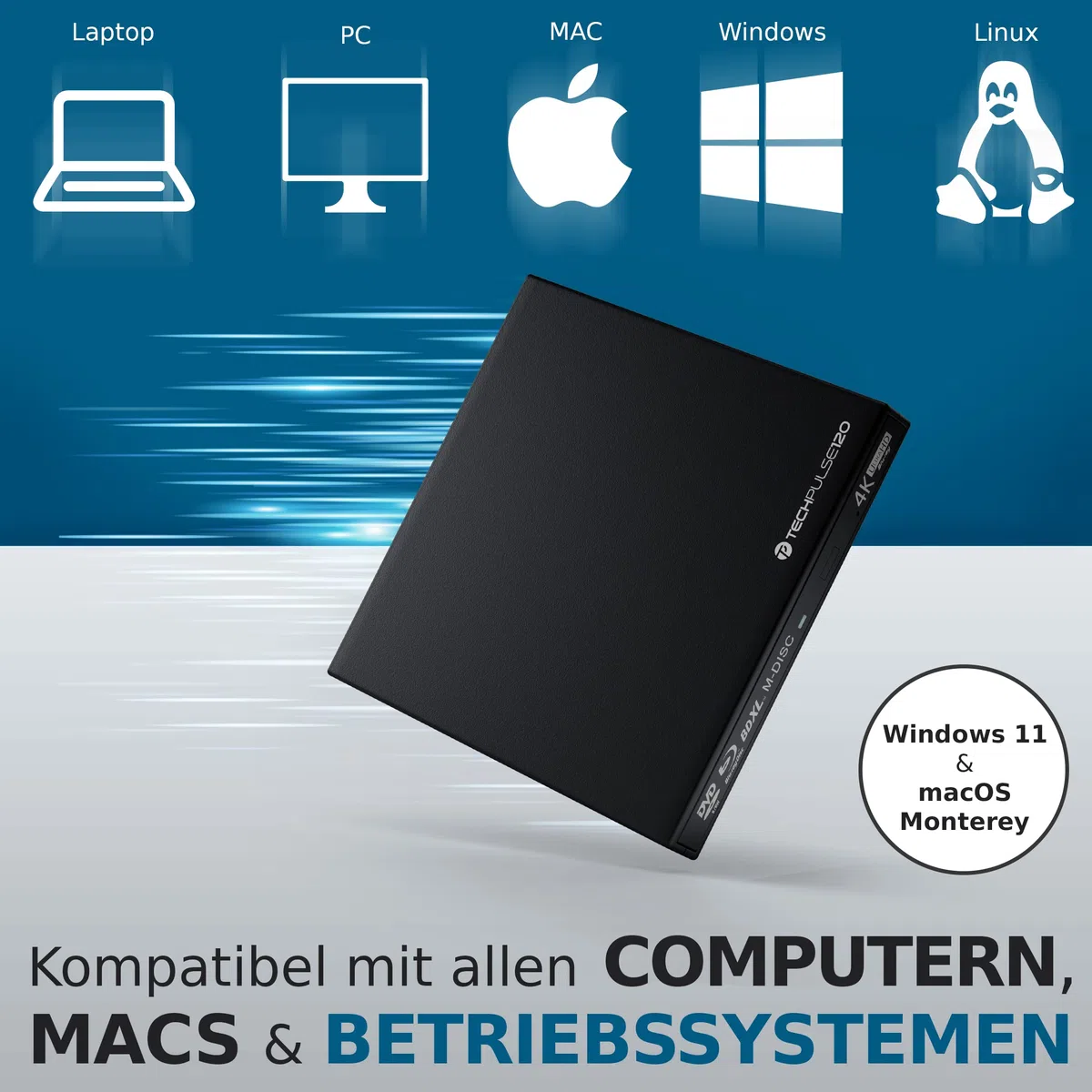 techPulse120 External UHD 4k 3D M-Disc BDXL Reproductor USB 3.0 BLU-Ray Grabadora Quemador Superdrive UltraSlim UltraHD Drive BD DVD CD Ultra para computadora Notebook Ultrabook Windows Mac OS Apple