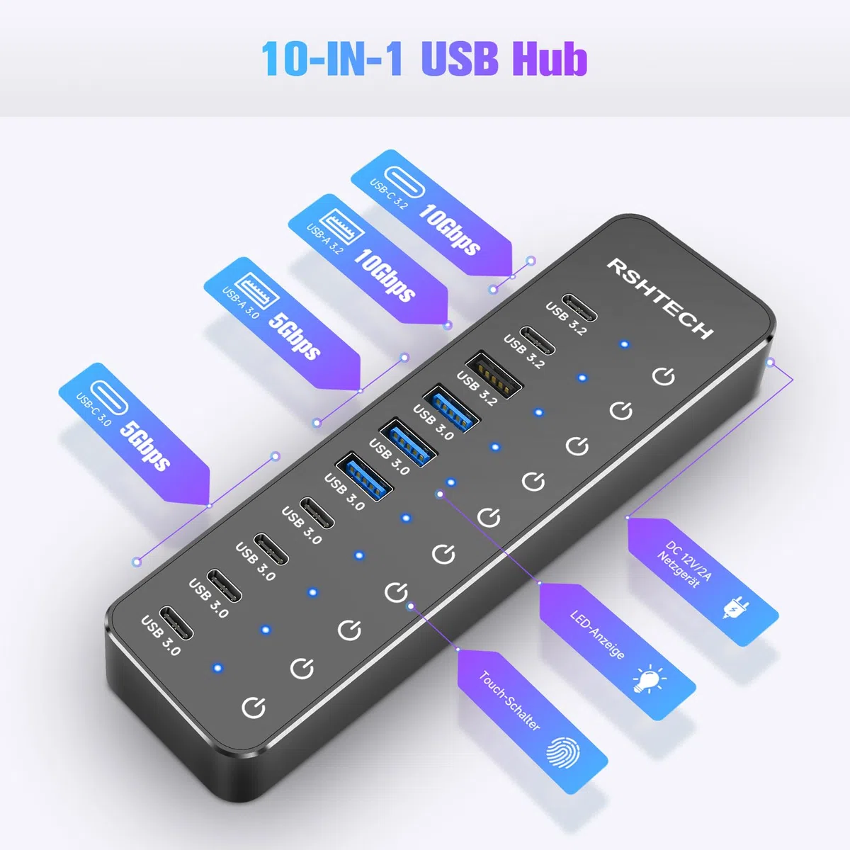 Hub USB Alimentado, RSHTECH 10 Puertos Hub USB 3.2/USB C con 3X 10Gbps Data Port (2C+1A), 7X 5Gbps 3.0 Ports (4C+3A), Alimentación 12V/5A 60W, Interruptores Individuales USB HUB, RSH-ST10C-6