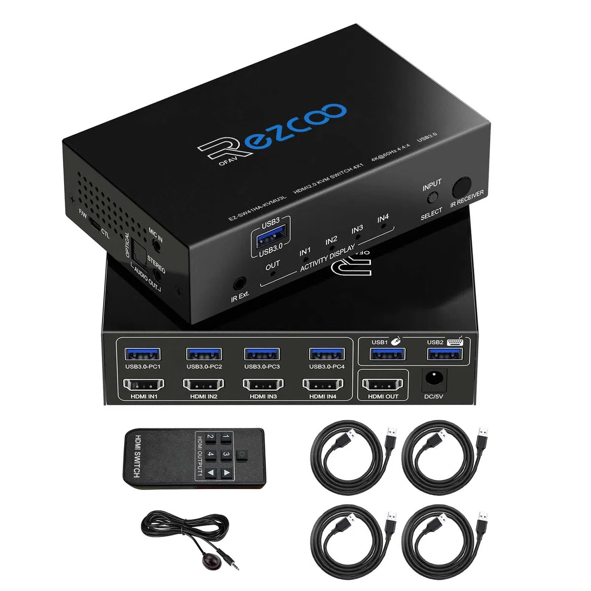 Conmutador KVM USB 3.0 HDMI de 4 puertos 4 en 1 salida 4K 60 Hz 4 en 4 salidas SPDIF 5.1 de audio - Mouse/teclado/Wireless USB para PC, Printer, escáner, Windows, Linux,