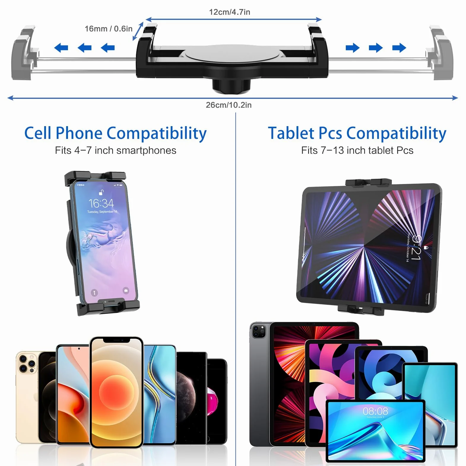 Soporte Tablet Portavasos Coche, Soporte Tablet Taza Coche con Brazos Dobles de Cuello de Cisne y Abrazaderas, para iPad Pro Air Mini, Galaxy Tabs, iPhone, Móvil y Tabletas de 4-12.9"