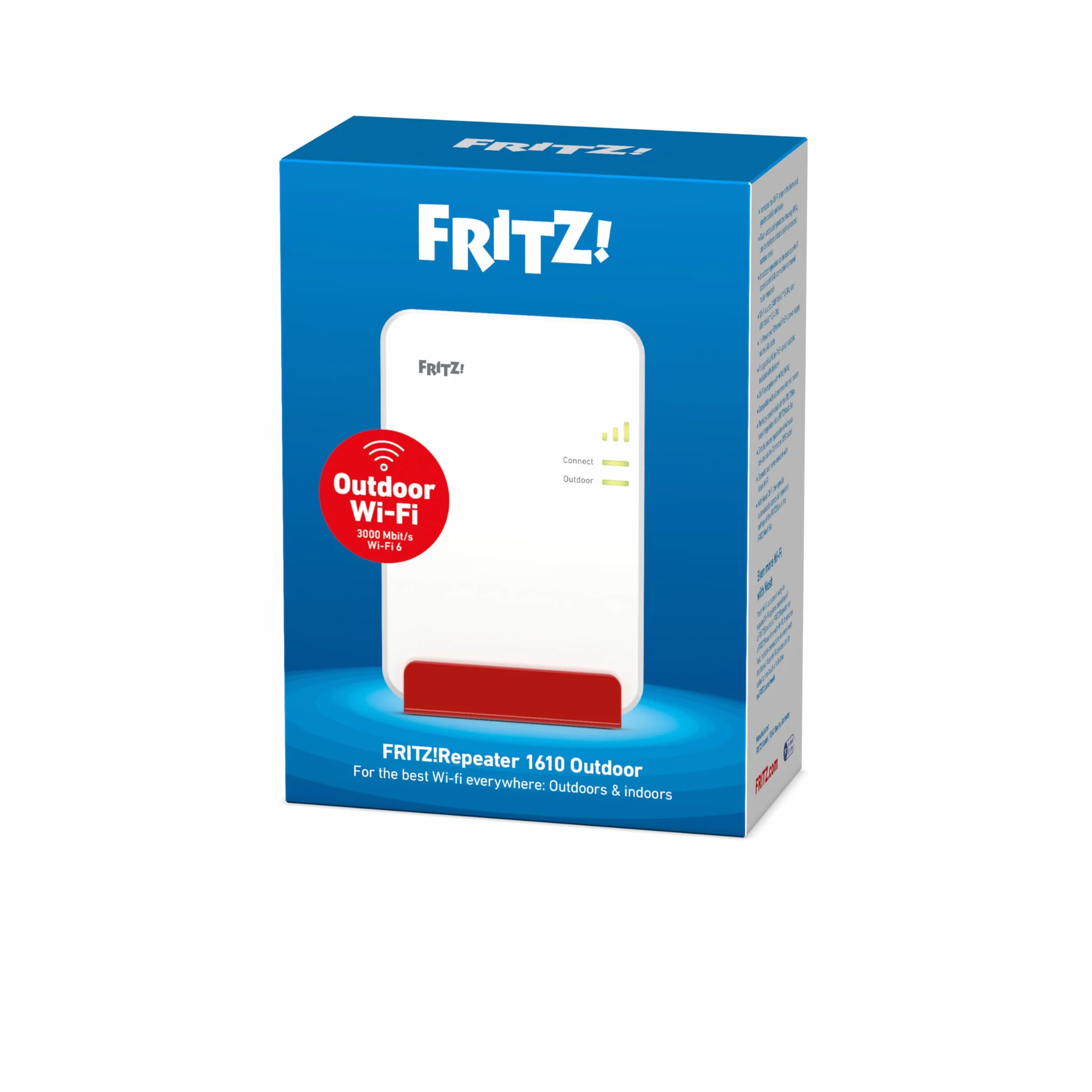 FRITZ!Repeater 1610 Outdoor | amplía el Alcance Wi-Fi en Exteriores e Interiores | Wi-Fi 6 hasta 3000 Mbps | Resistente al Polvo y Las Salpicaduras | Power Over Ethernet | Fabricado en Europa