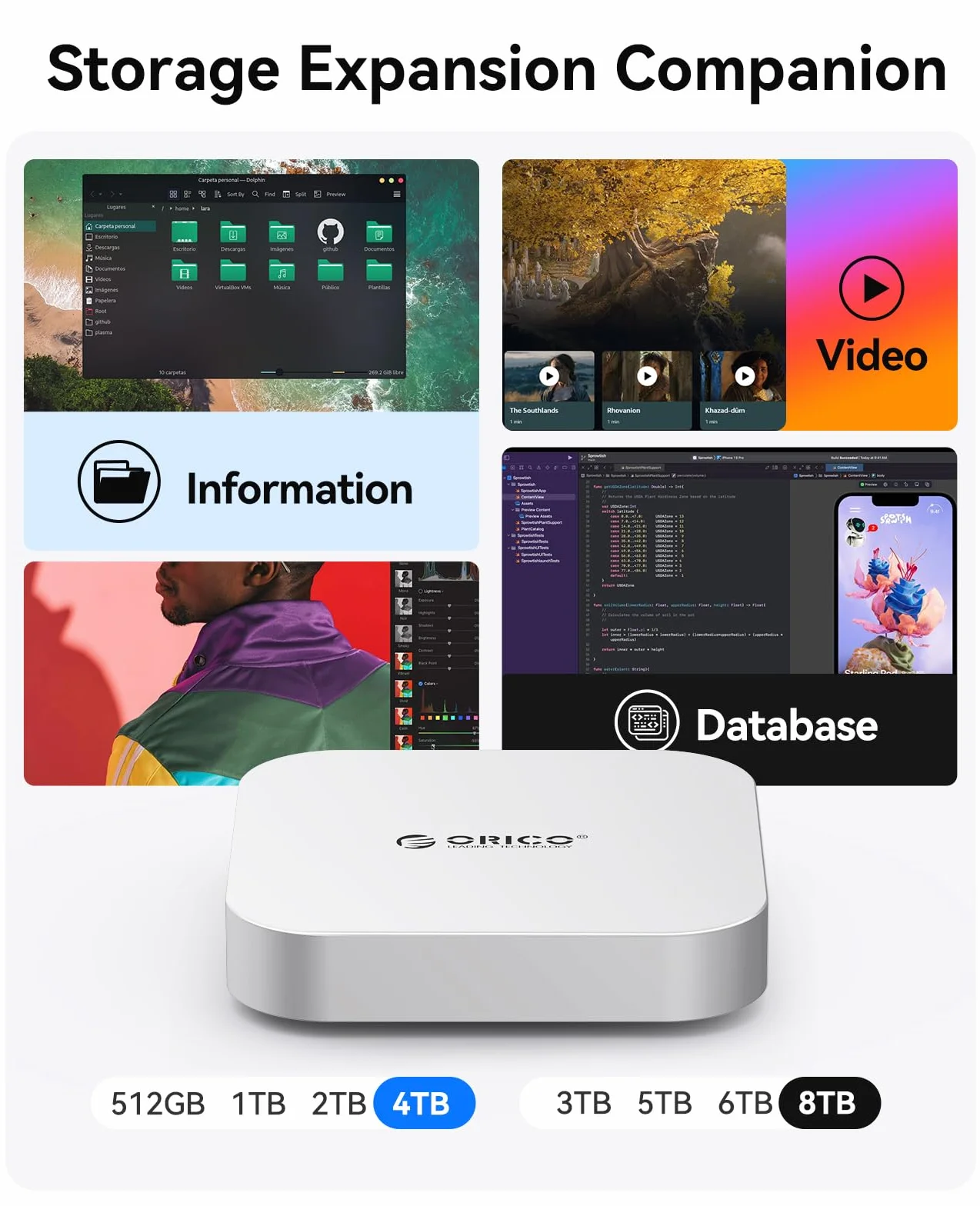 ORICO Minimate Mac Mini M4 SSD 4TB Almacenamiento, Expansión SSD Externa para Mac Mini M4/M4 Pro, SSD NVMe Externo (No Extraíble) hasta 40 Gbps (3800 MB/s) - Plata