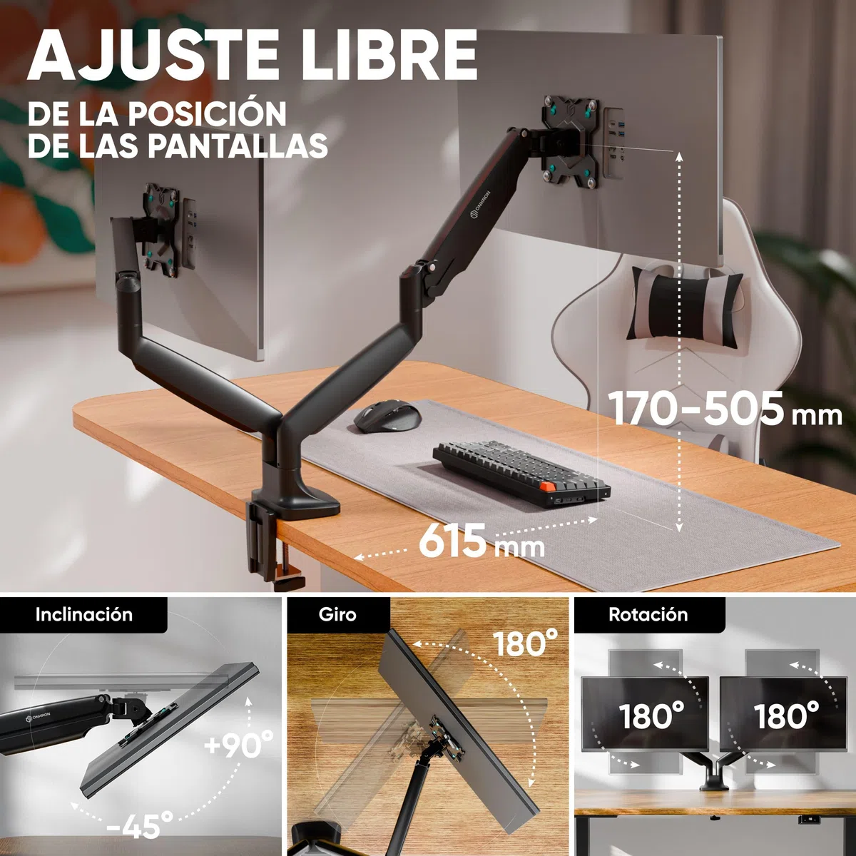 ONKRON Soporte Monitor Doble 13-32 pulgadas, Carga Total hasta 18 kg, VESA 75x75-100x100, Brazo Monitor Doble Articulado, Ajustable, Giratorio e Inclinable, Soporte 2 Monitores Escritorio Negro G200-B