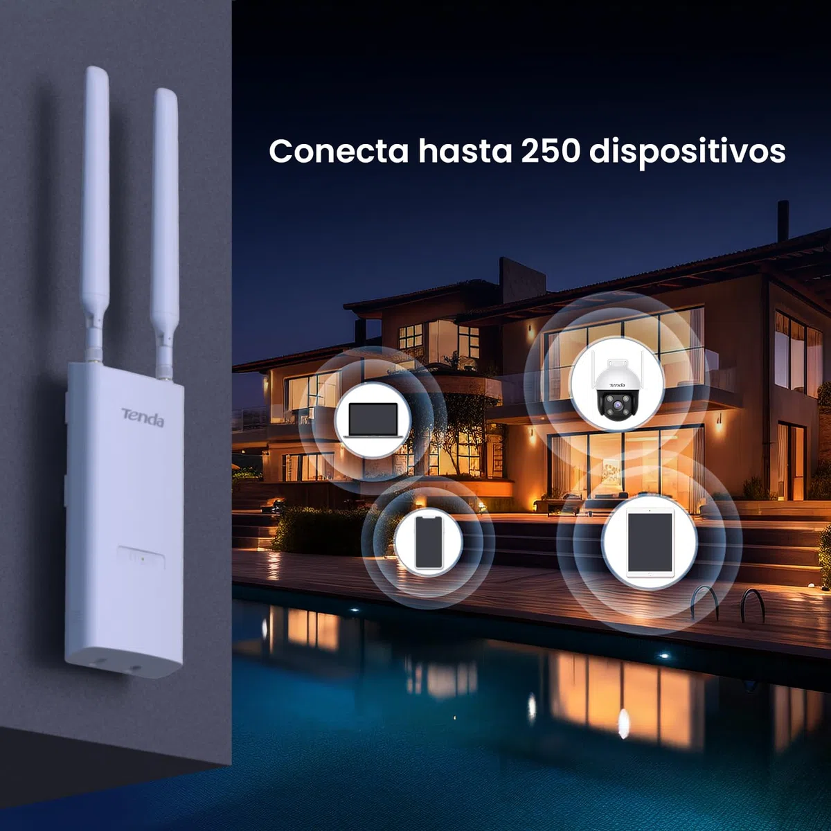 Tenda OAP1200 AC1200 Punto de Acceso Inalámbrico Gigabit para Exteriores, Doble Banda, Soporta PoE 802.3at/PoE Pasivo, Montaje en Pared/Poste, IP65 Resistente al Agua, MU-MIMO, Modos Ap/Repetidor
