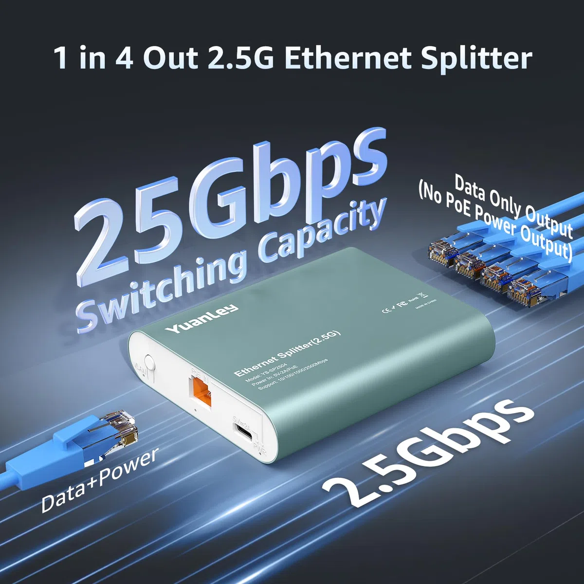 Splitter Ethernet 2.5G 1 a 4 con Entrada PoE, Splitter de Internet RJ45 de Alta Velocidad 2.5G con Carcasa de Aluminio, Aislamiento de Puerto VLAN, Alimentado por PoE/USB-C, Cable USB-C Incluido