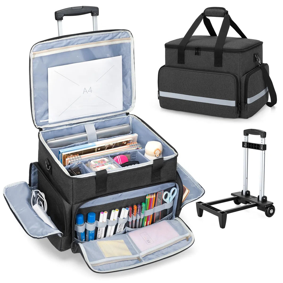 CURMIO Bolsa de Profesora con Ruedas, Maletín para Maestra con Trolley y Funda Acolchada para Portátil de hasta 14" (Sólo Bolsa), Negro