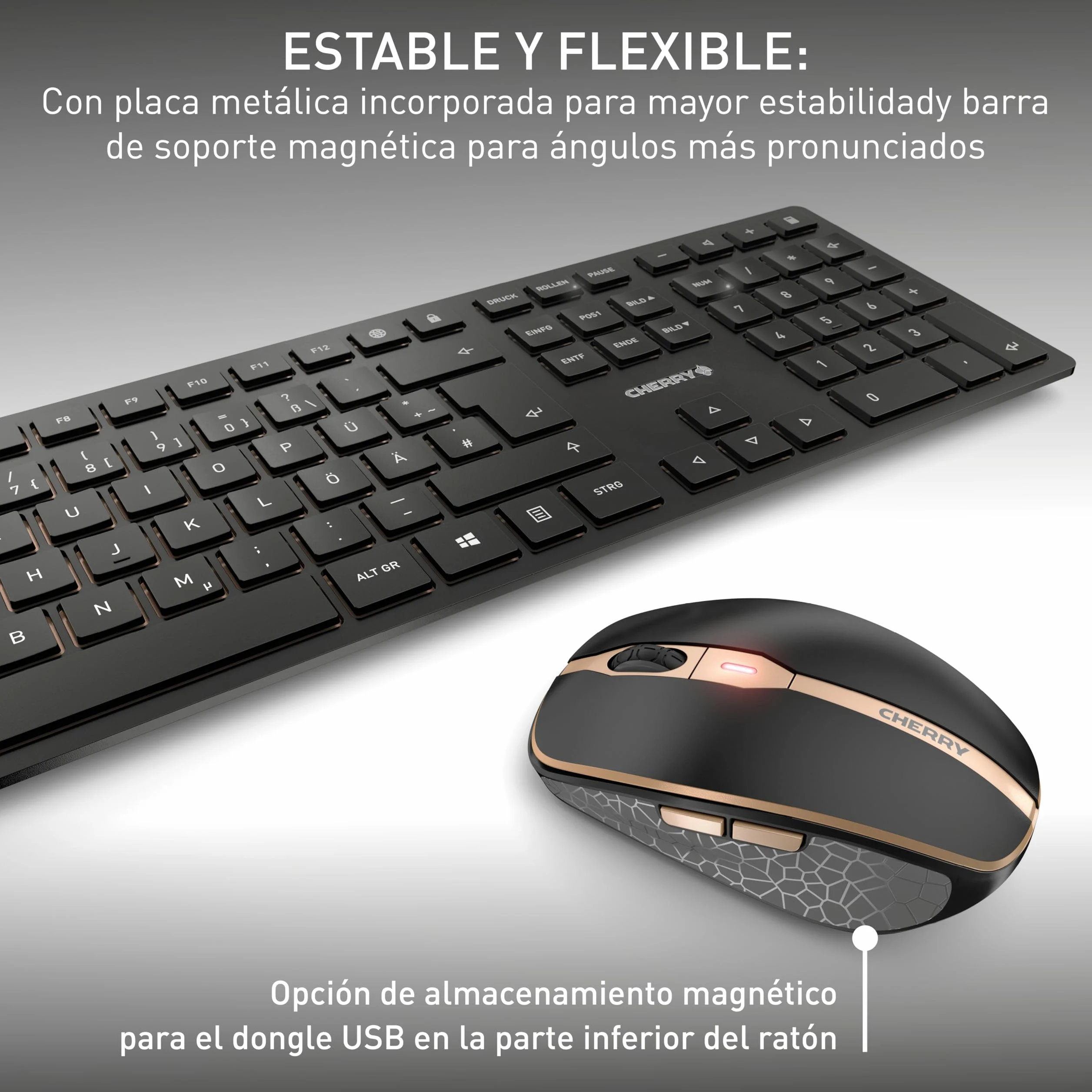 Cherry DW 9100 Slim, Pack de Teclado y Ratón Inalámbricos, Distribución de Teclado Español (QWERTY), Bluetooth y Radiofrecuencia de 2,4 GHz, Teclas Silenciosas, Recargable, Negro/Bronce