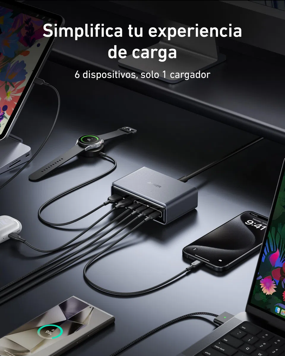 Anker Prime GAN Cargador USB C Carga Rapida 200W,Estación de Carga GAN con 6 Puertos, Cargador de Sobremesa, Compatible con iPhone 17/16, 16 Plus/17/16 Pro Max/15 Air, Samsung, MacBook, DELL y Más.