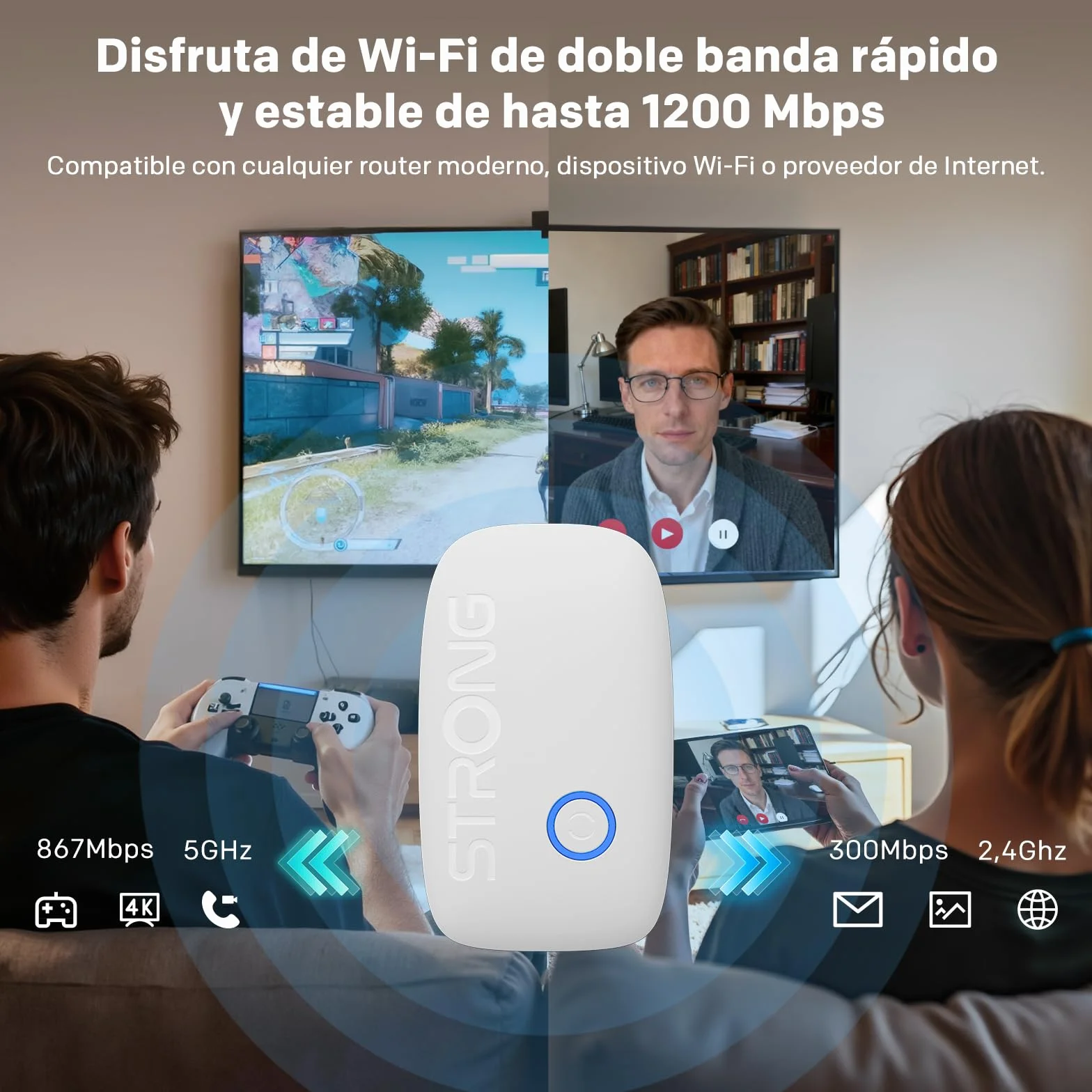 Strong Repetidor WiFi AC1200 de Pared – Amplificador señal WiFi Potente Dual Band, repetidor WiFi Largo Alcance, WiFi Extender para casa con WPS y Puerto LAN