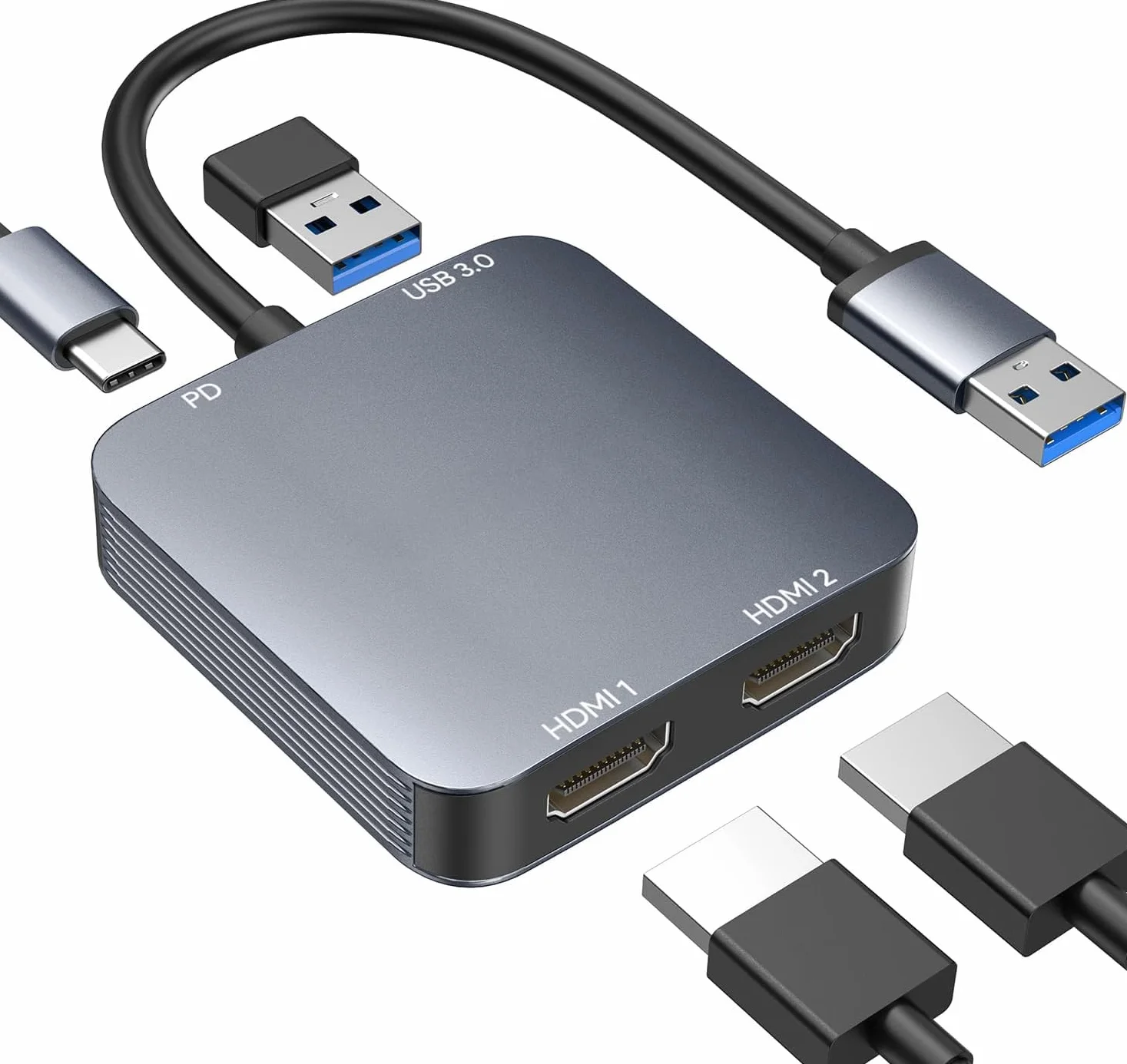 ABLEWE Adaptador USB 3.0 a Dual HDMI con Puerto USB 3.0, HDMI a USB, Audio y vídeo, Cable convertidor de gráficos para Ordenador portátil, Monitor de Escritorio, TV, Compatible con Mac OS, Windows