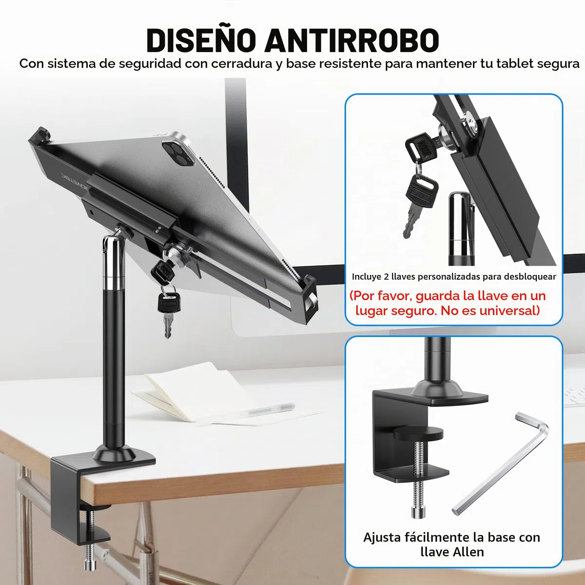 AboveTEK Bloqueo Antirrobo Soporte para Tablet - 360/320 POS Swivel - Bloqueo de Seguridad para Tablet, Soporte de Mesa con Abrazadera para iPad de 7 a 11 Pulgadas Fire Microsoft Galaxy Tab Google