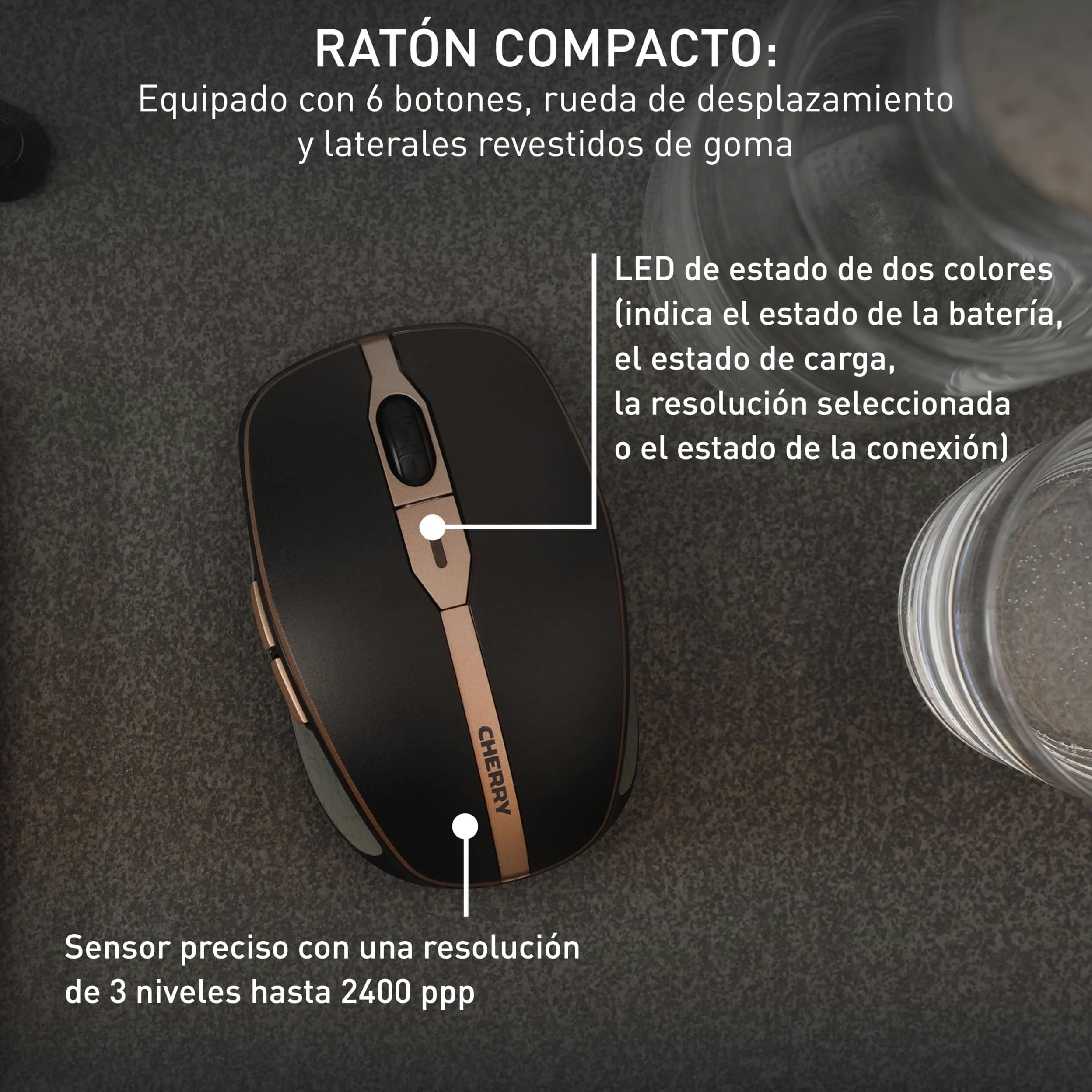 Cherry DW 9100 Slim, Pack de Teclado y Ratón Inalámbricos, Distribución de Teclado Español (QWERTY), Bluetooth y Radiofrecuencia de 2,4 GHz, Teclas Silenciosas, Recargable, Negro/Bronce