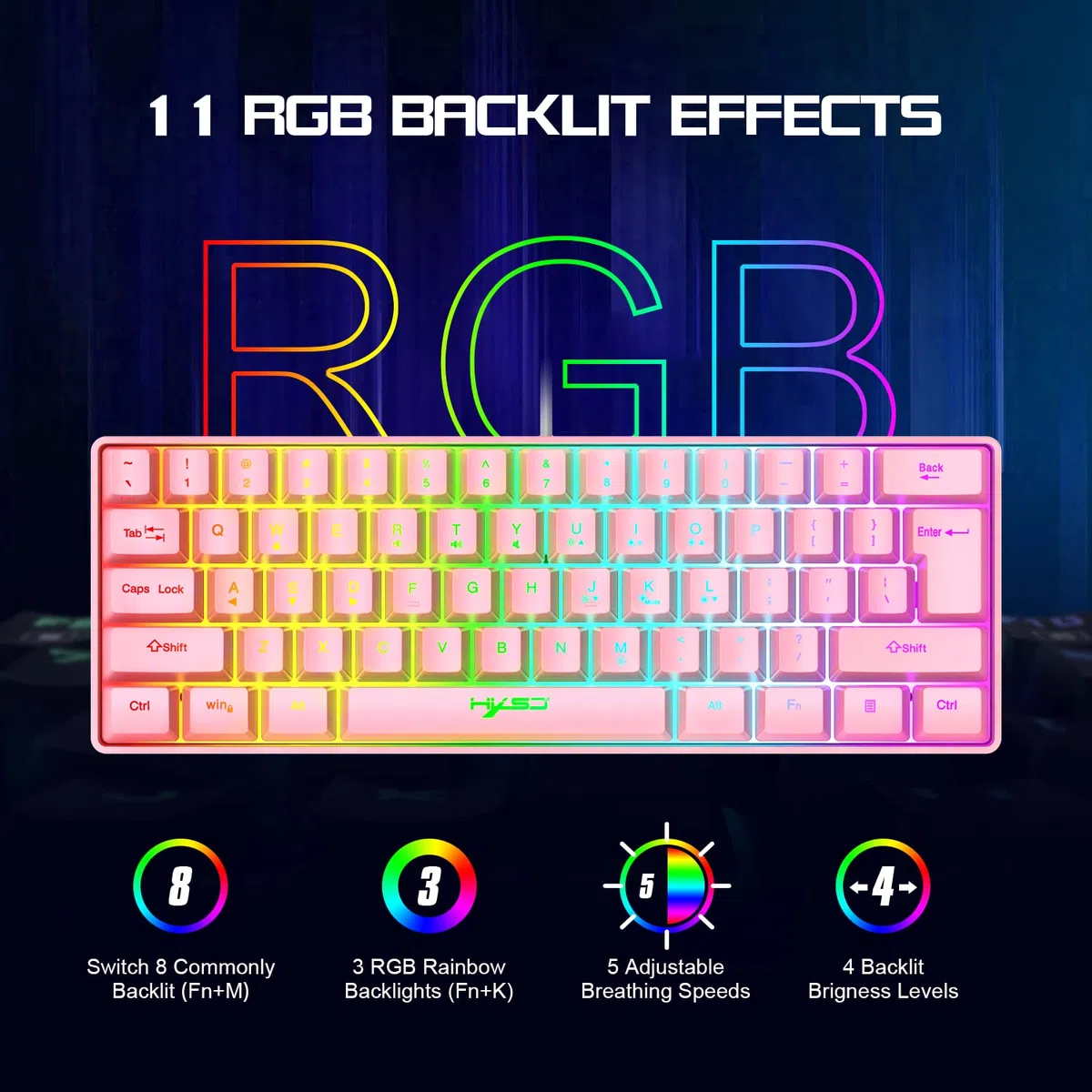HXSJ V700 Teclado y Ratón para Juegos,Teclado para Juegos 60%,US Layout,Diseño Compacto de 61 Teclas,Retroiluminación RGB,Ratón con Sensor óptico,Luz LED de Colores,hasta 3600 dpi,para PC,Mac -Rosa