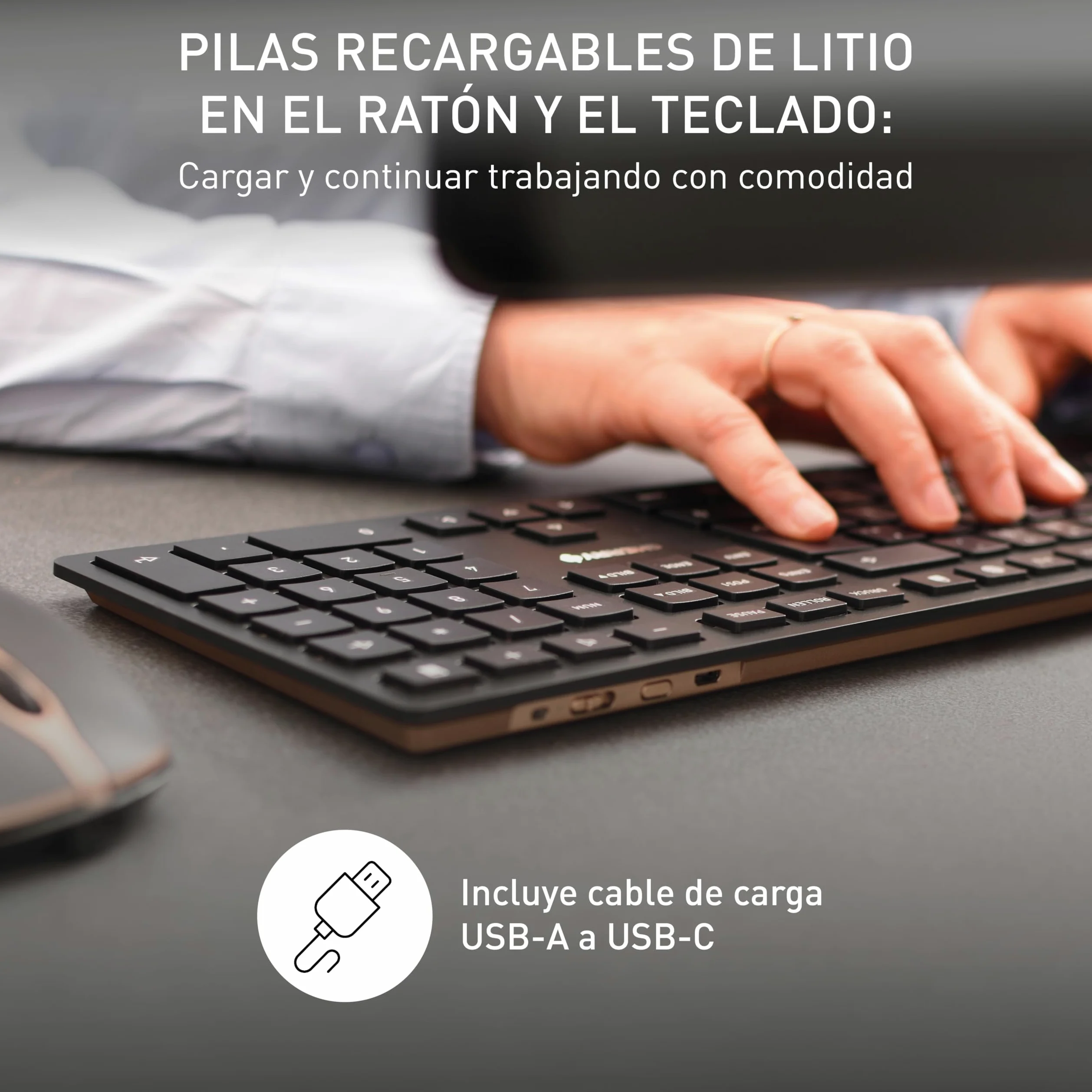 Cherry DW 9100 Slim, Pack de Teclado y Ratón Inalámbricos, Distribución de Teclado Español (QWERTY), Bluetooth y Radiofrecuencia de 2,4 GHz, Teclas Silenciosas, Recargable, Negro/Bronce