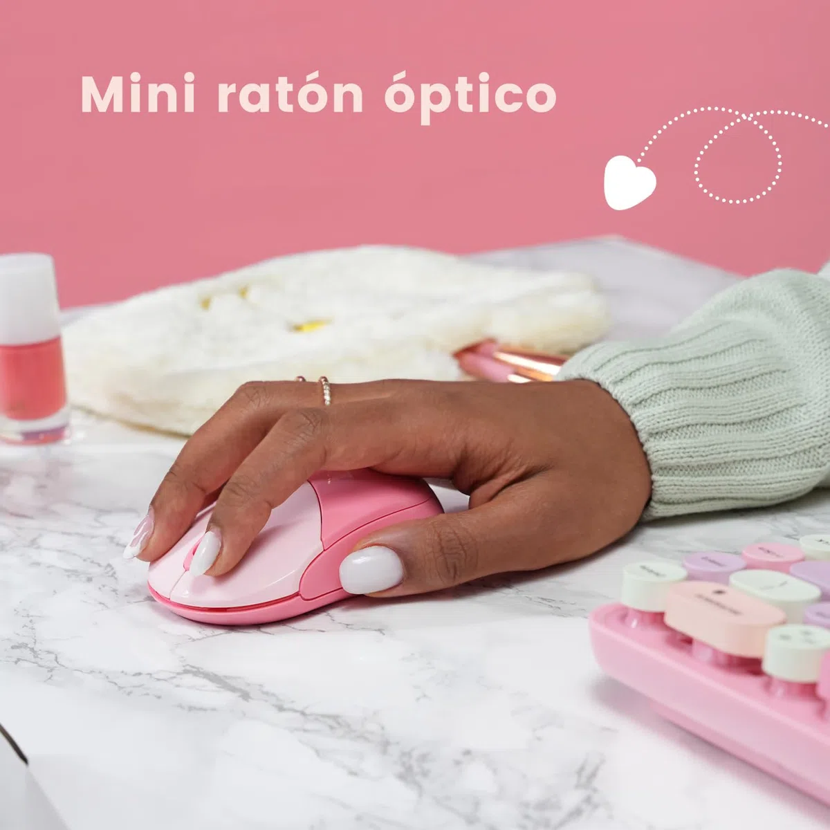 Perixx PERIDUO-802PK ES Set de Ratón y Teclado Inalámbrico Bluetooth Mini - Estilo Retro con Teclas Redondas - Rosa Pastel - Español QWERTY