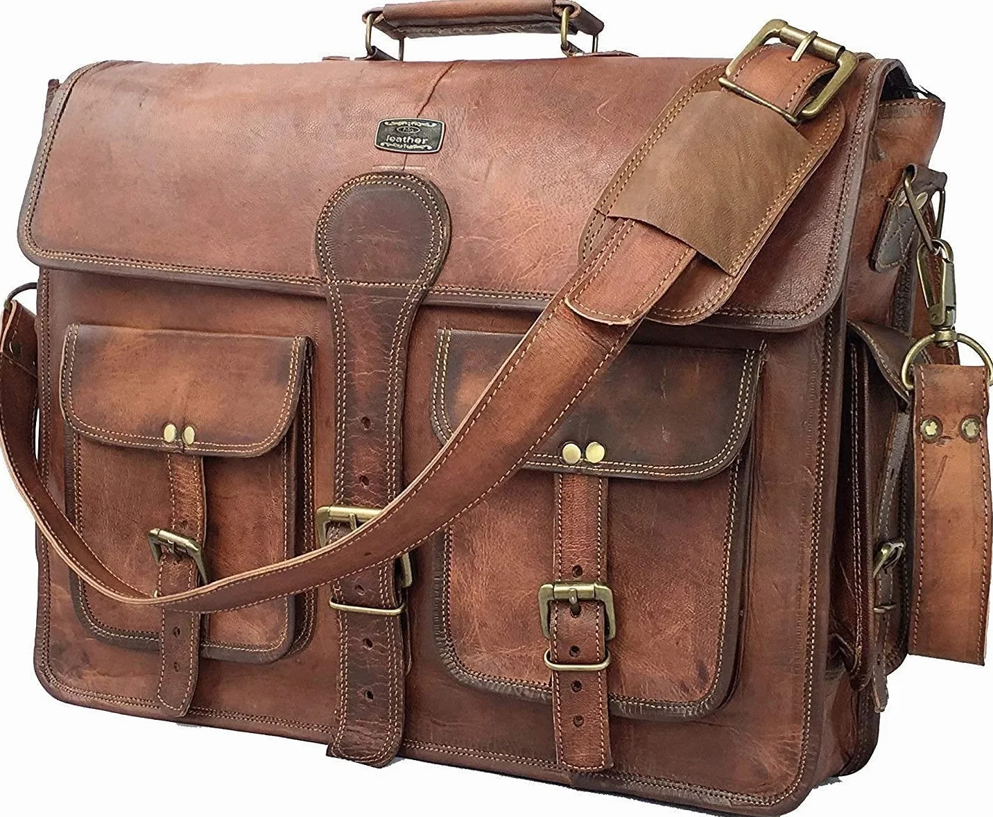 DHK - Maletín de piel vintage hecho a mano de 18 pulgadas para hombre