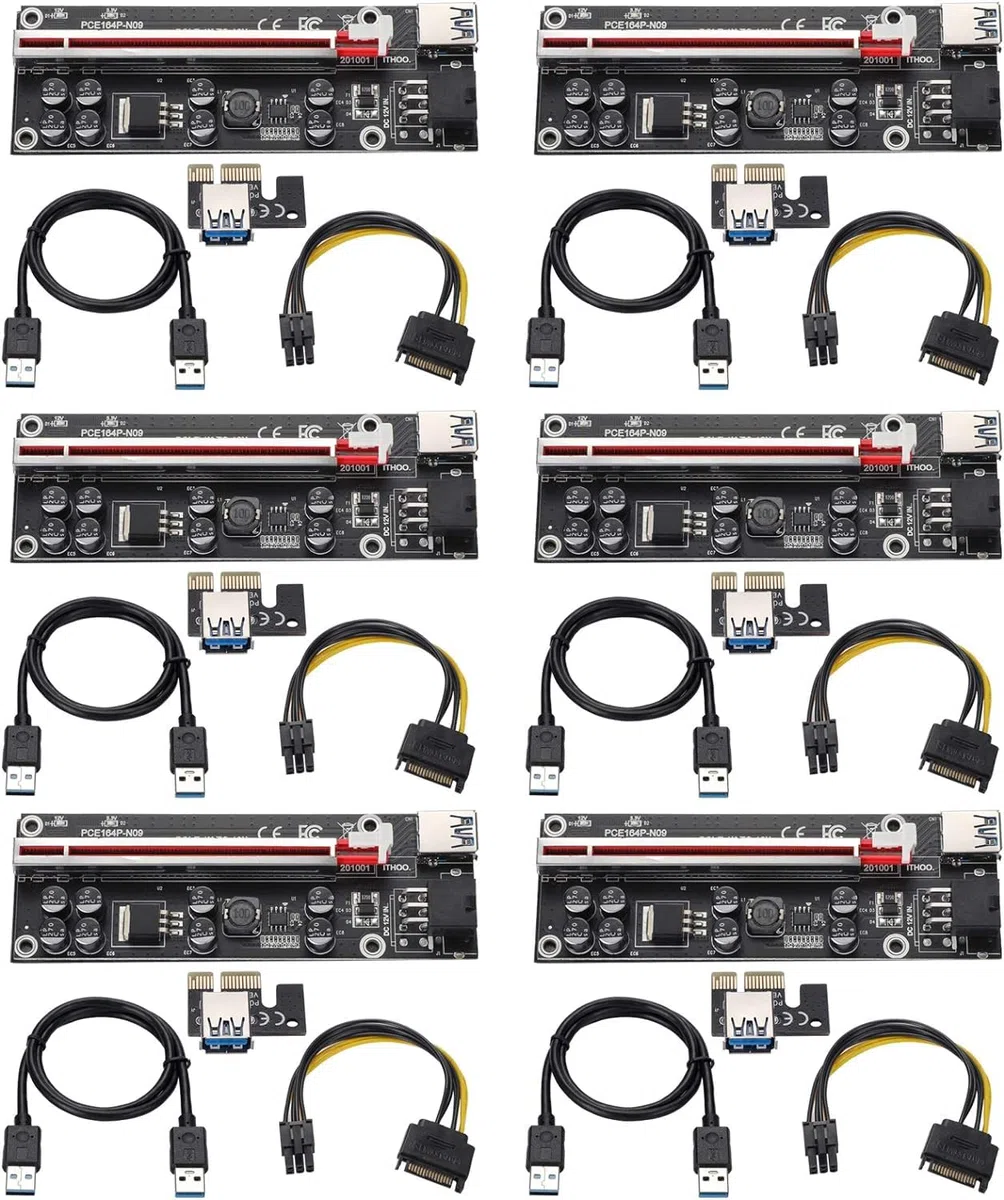 PCIE Riser 1X to 16X GPU Riser Card VER009S, 0.6m USB 3.0 Extension Cable-6PIN SATA Power Cable-GPU Extender Adapter Board (6 Pack)