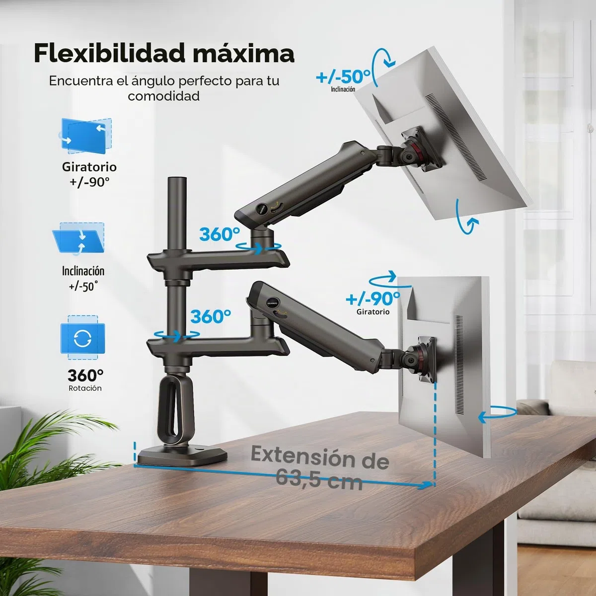 HUANUO Soporte para Dos Monitores para Pantal Ultraanch 13-49”, hasta 18kg, Brazo Monitor Doble Aluminio Resist y Extra Alto, Soporte Monitor Doble Apilado Vert y Total Ajustable, VESA Máx 100x100mm