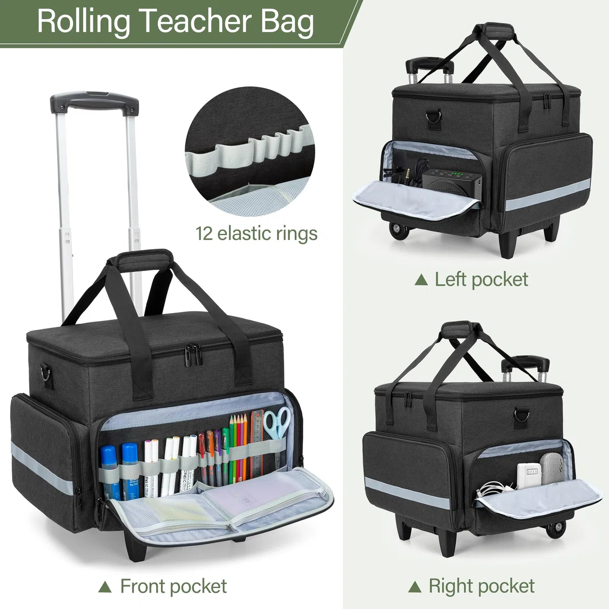 CURMIO Bolsa de Profesora con Ruedas, Maletín para Maestra con Trolley y Funda Acolchada para Portátil de hasta 14" (Sólo Bolsa), Negro