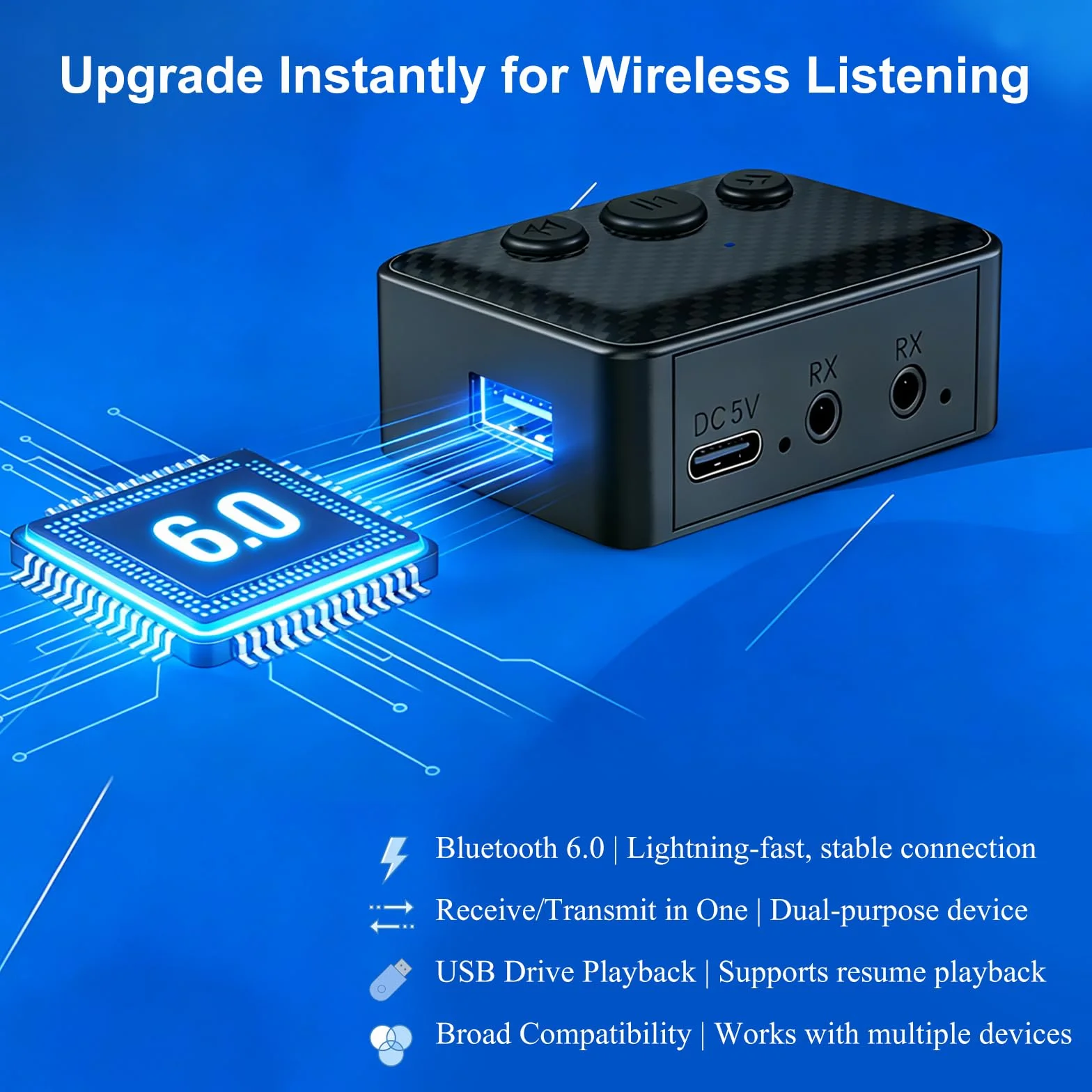 Adaptador Audio Bluetooth 6.0 Transmisor & Receptor 2-en-1,Bluetooth Adapter Receiver Transmitter,para Coche,TV,Altavoces & Cadena de Música con RCA,Cables AUX 3.5mm & RCA,Reproducción USB