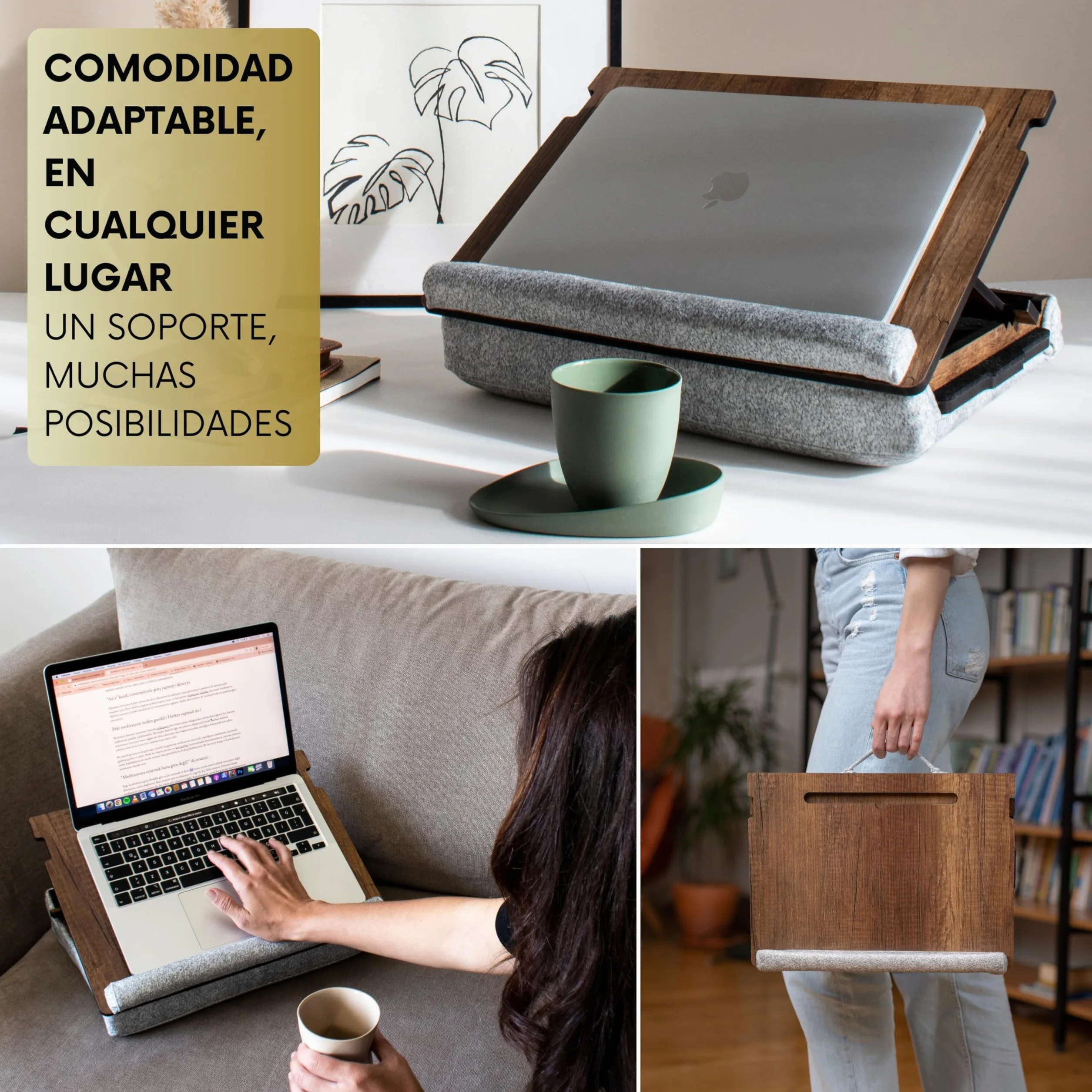 Vigo Wood Bandeja para Portátil - Ergonómica, Ajustable, y Versátil - Trabaja Cómodamente en Casa, Sofá y Cama - Mesa Portátil con Soporte y Cajón para Ratón - Ideal para Oficina en Casa