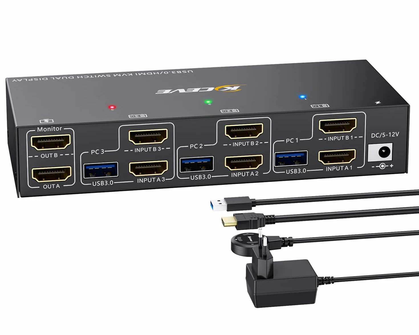 Switch KVM 3 PC 2 Monitores 4K@60Hz Emulador EDID,Conmutador KVM HDMI 2K@120Hz para 3 PC, 2 Monitores y 4 Dispositivos USB3.0, Soporta Modo Extendido y Copia,con Cable USB+Control de Escritorio
