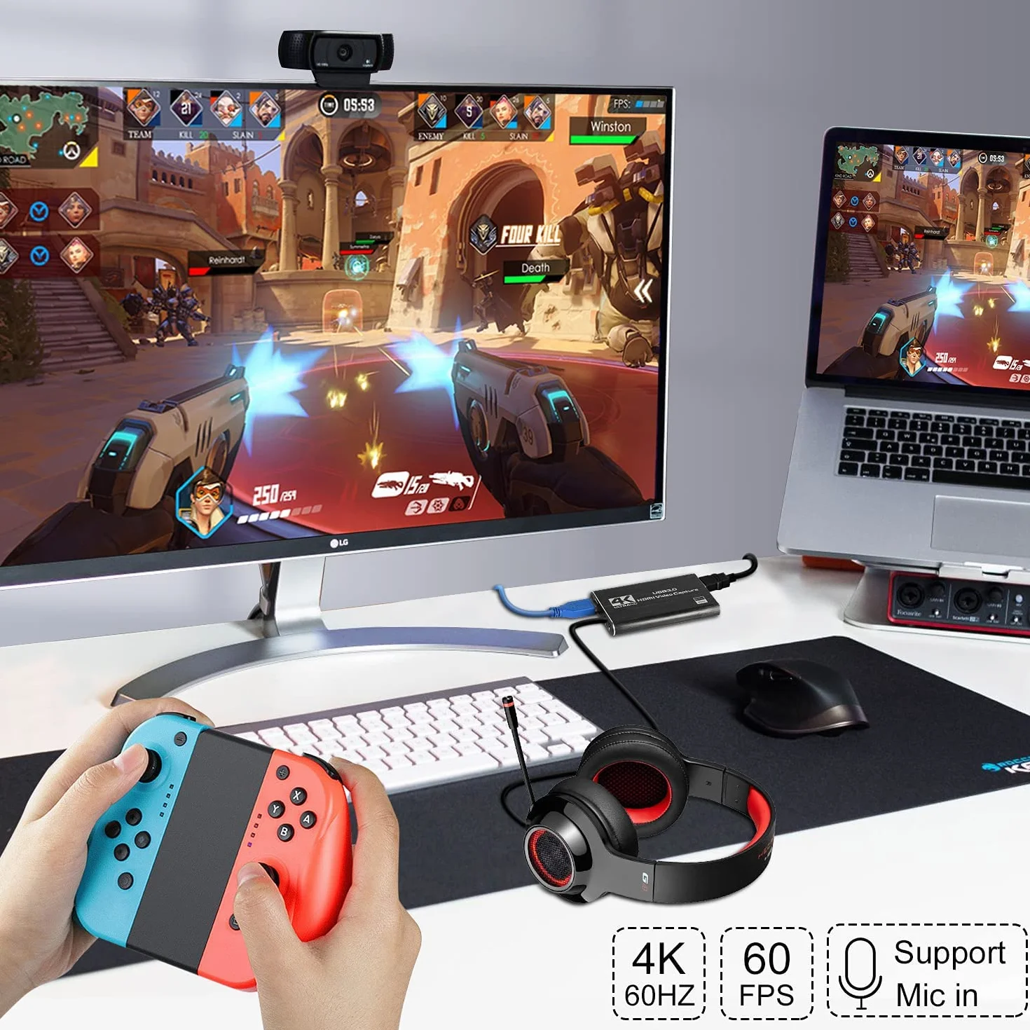 VIXLW capturadora de Video, capturadora Audio y Video USB 3.0, 1080P 60FPS/2K 30FPS Captura de Videojuegos, Tarjeta de Captura 4K HDMI Loop-out para Nintendo Switch/Xbox/PS5/Switch/cámara/PC/OBS