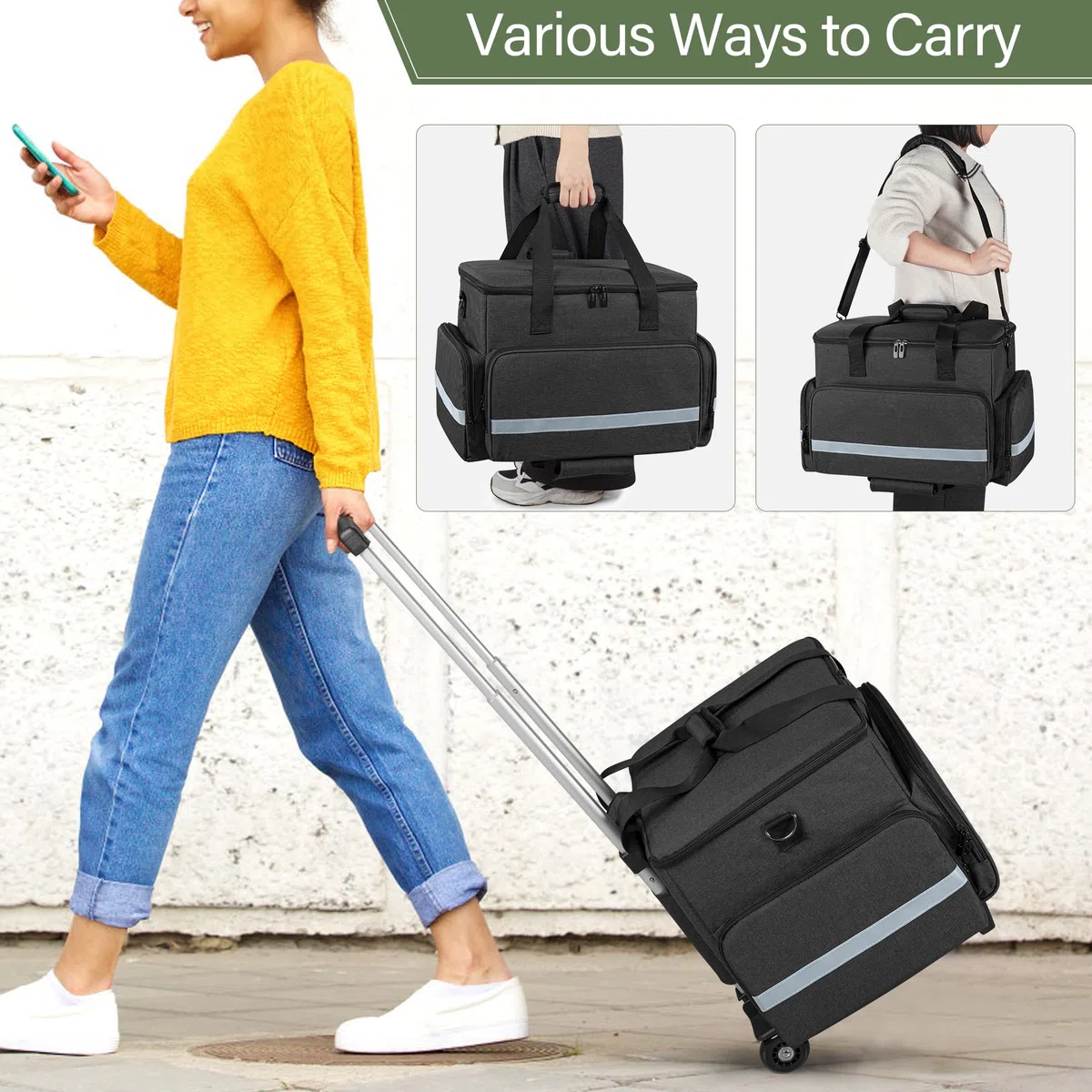 CURMIO Bolsa de Profesora con Ruedas, Maletín para Maestra con Trolley y Funda Acolchada para Portátil de hasta 14" (Sólo Bolsa), Negro