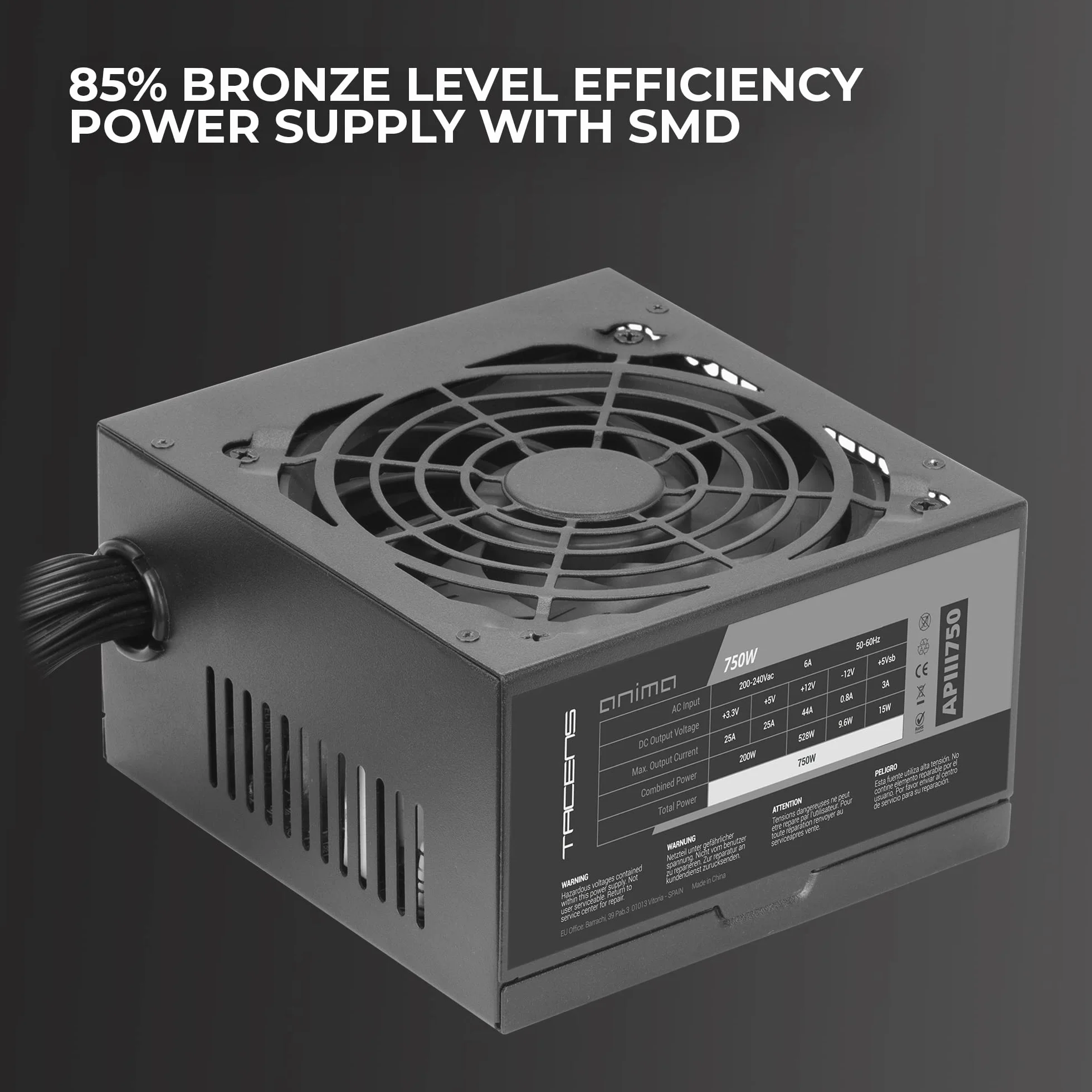 TACENS Anima APIII750, Fuente Alimentación PC ATX 750W, Tecnología SMD y DC-DC, 85% Eficiencia 12V, Ventilador Ultra-silencioso 12cm, Cables Planos Extralargos, Negro
