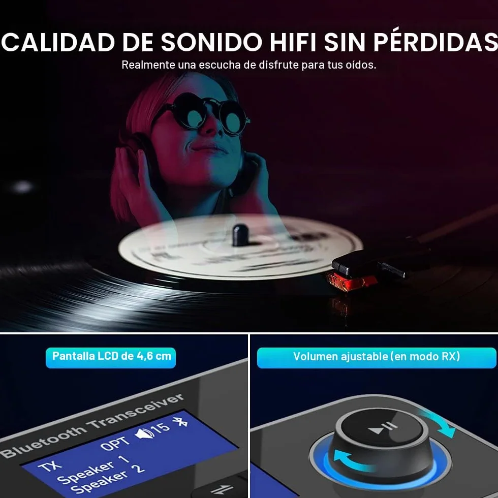 3 En 1 Transmisor Receptor Bluetooth para 2 Auriculares Adaptador Bluetooth 5.3 con Pantalla LCD Latencia Aux 3.5mm Óptico RCA Latencia Emisor Bluetooth Audio para TV, Estéreo, Altavoces