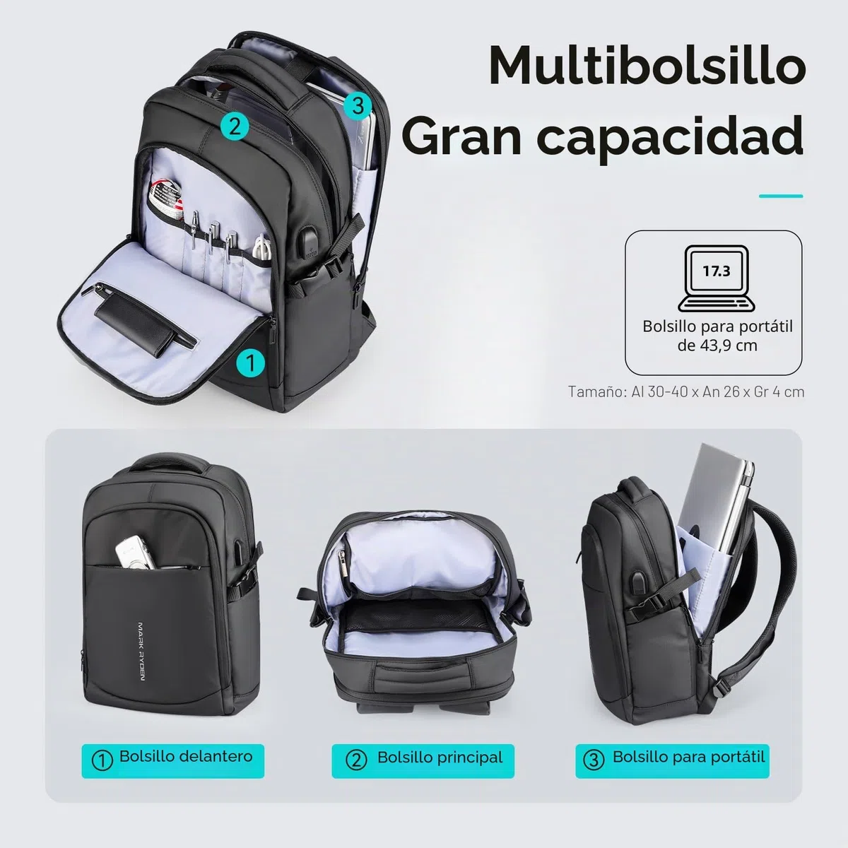 MARK RYDEN Markryden Mochila Antirrobo Impermeable, Mochila para Portátil Multiusos Puerto de Carga USB, Escolar Negocio Viajes Trabajo