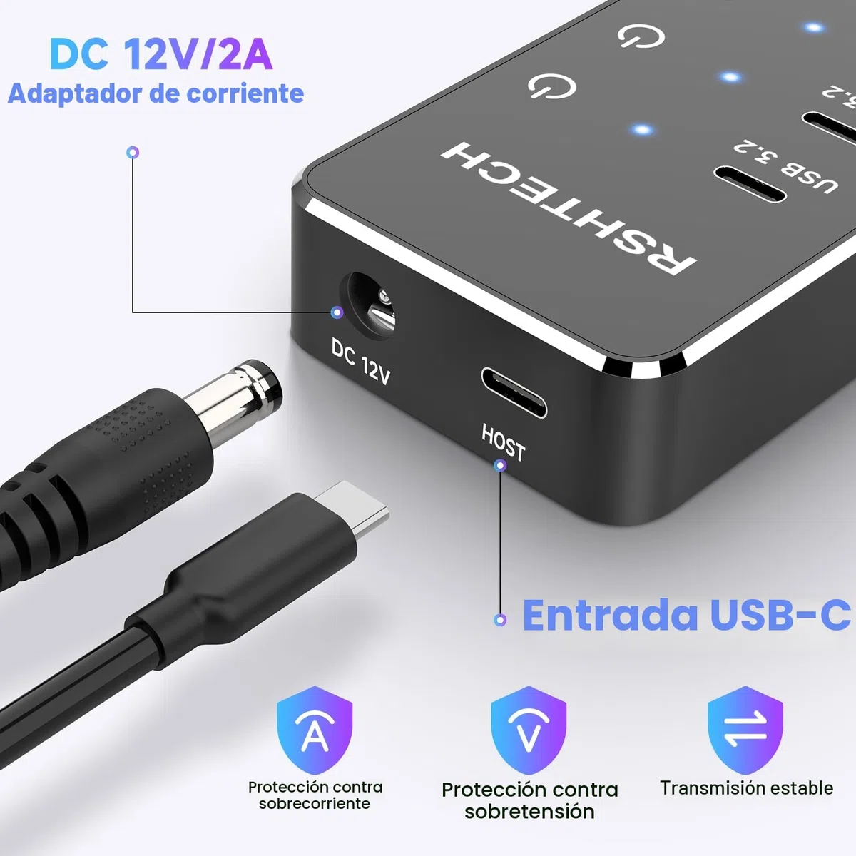 Hub USB Alimentado, RSHTECH 10 Puertos Hub USB 3.2/USB C con 3X 10Gbps Data Port (2C+1A), 7X 5Gbps 3.0 Ports (4C+3A), Alimentación 12V/5A 60W, Interruptores Individuales USB HUB, RSH-ST10C-6