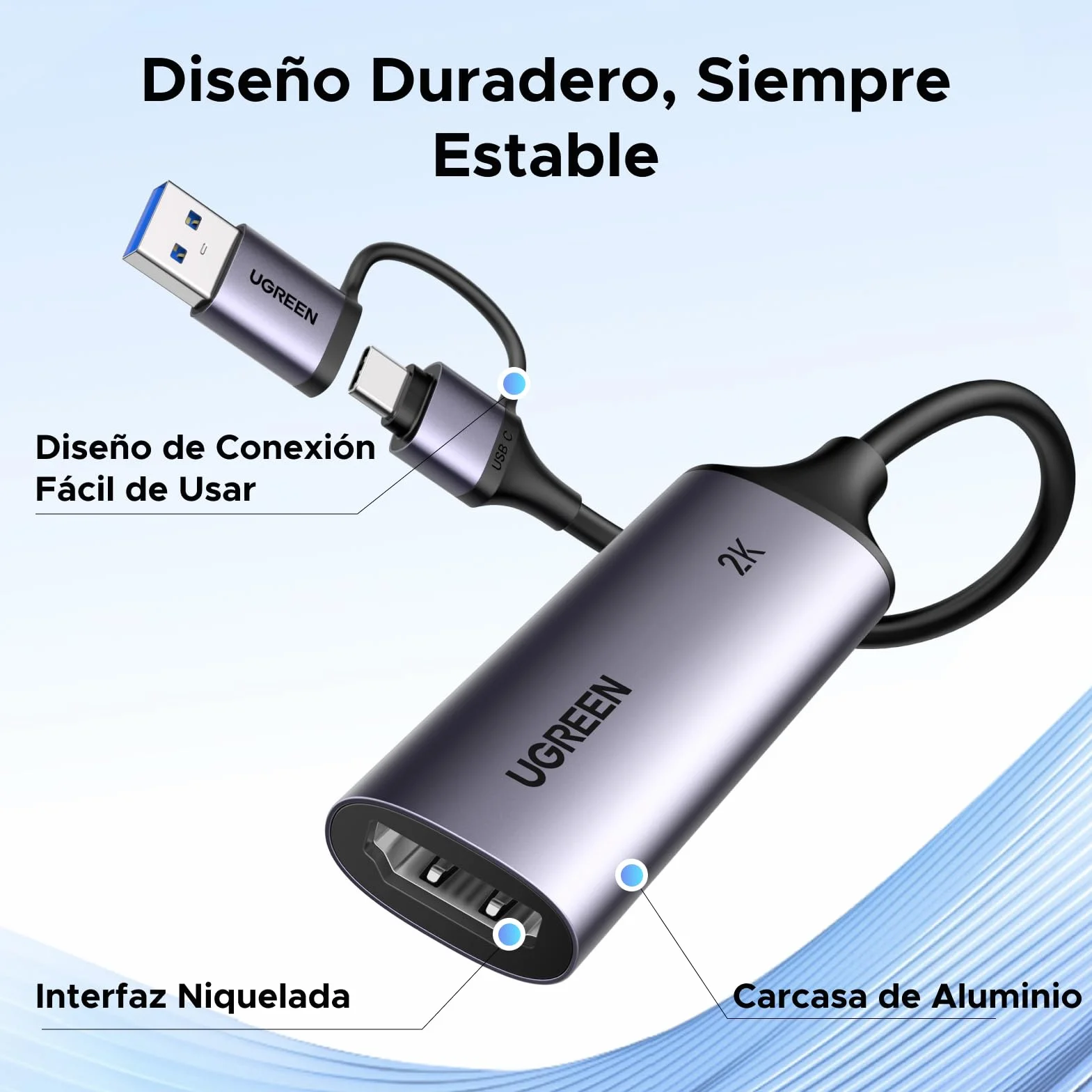 UGREEN Tarjeta de Captura de Video HDMI 4K 30Hz a USB A USB C 3.0 2K 30Hz 1080P para Streaming Grabación de Juegos y Transmisión en Vivo Compatible con Quest 3 Switch 2 PS5 PS4