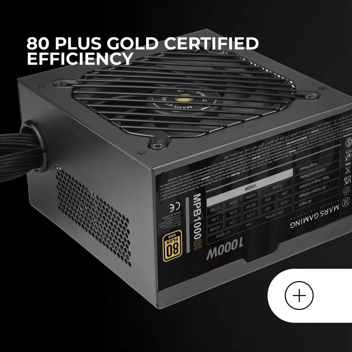 Mars Gaming MPB1000SI, Fuente Alimentación PC ATX 1000W, 7 Años de Garantía, 80Plus Gold 90%, Ventilador SI Extreme Silence con Núcleo de Cobre y Aluminio, Tecnologías AI2-RPM, DC-DC y SMD, Negro