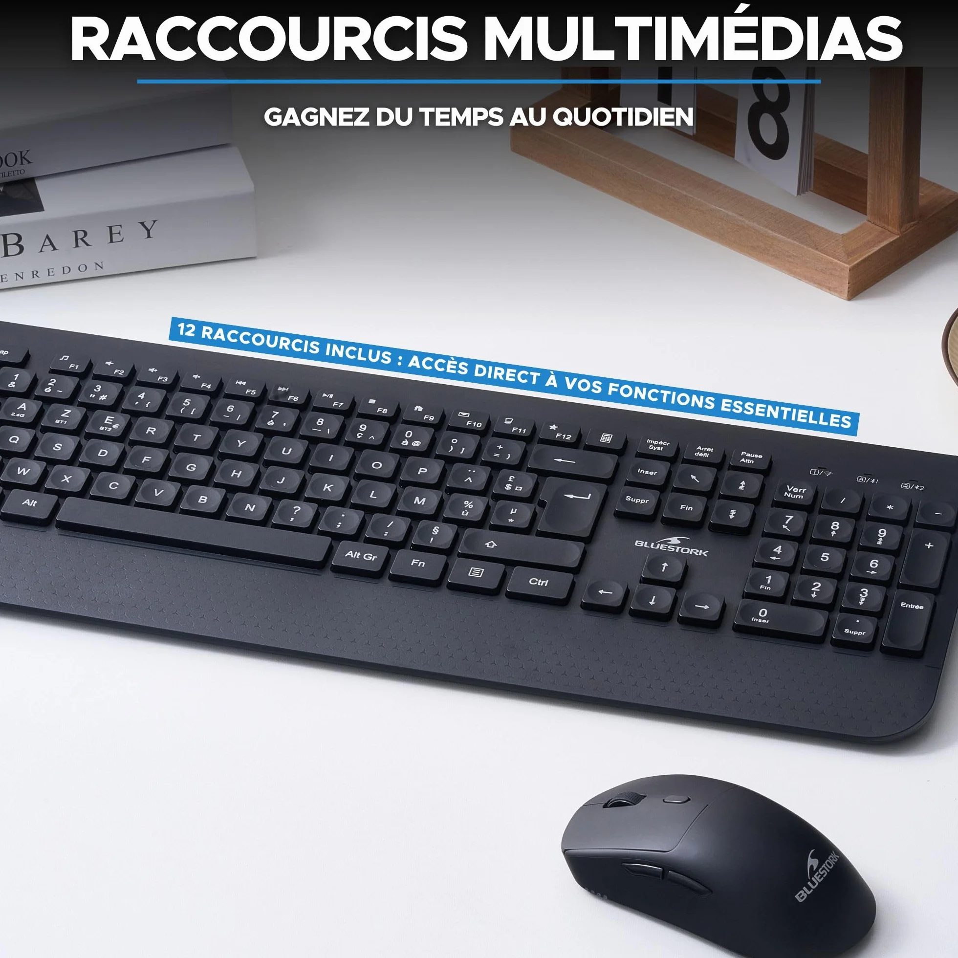 Bluestork KB Office R2 - Teclado inalámbrico, Dos Conexiones BT / 2,4 GHz, Teclado Bluetooth PC, Recargable USB-C, 70 h autonomía, silenciador - Windows/Tablets/Móviles - Disposición AZERTY Francesa