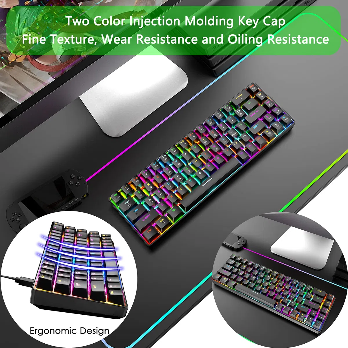 ZIYOU LANG RGB Teclado y Raton Gaming, 68 Teclas Blue Switch 60% Mini Teclado Mecánico QWERTY, 6400DPI Ajustable Panal Ligero Mouse, USB Cableado, Compatible con Windows Mac PS4 Xbox, Negro