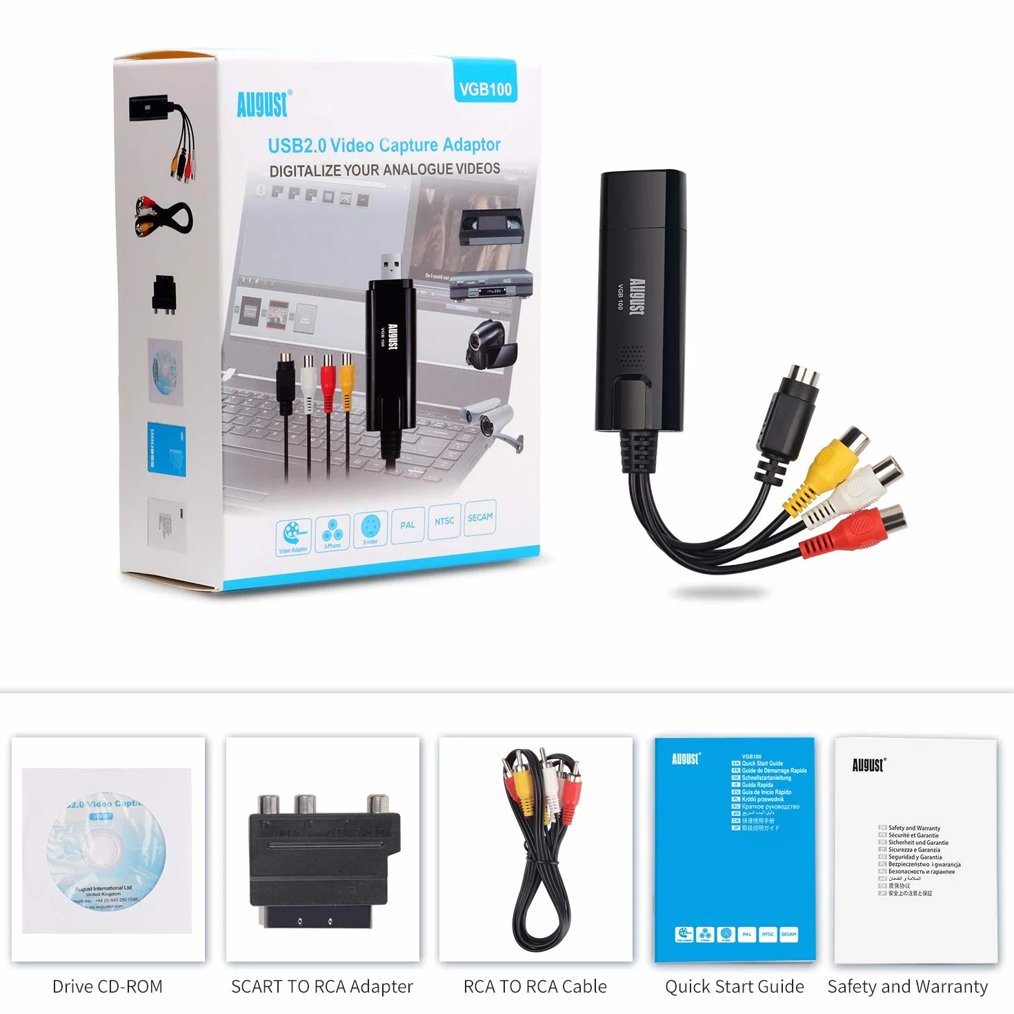 August VGB100 Capturadora de Video y Audio USB 2.0, Transferencia VHS a DVD Digital Convertidor VCR Grabber Grabadora Digitalizadora para Windows 11,10, 8, 7, Vista, XP
