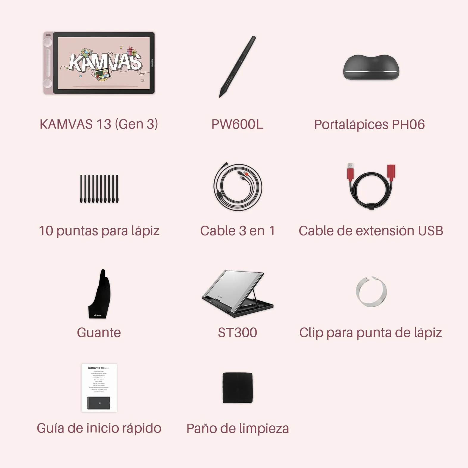 HUION Kamvas 13 Gen3 2024 Tableta Gráfica con Pantalla, Tableta de Dibujo Canvas Glass de 13,3", 99% sRGB, Nuevo Pentech 4.0, 16384 Presión del Lápiz, Diales Duales, Soporte Ajustable, Rosa