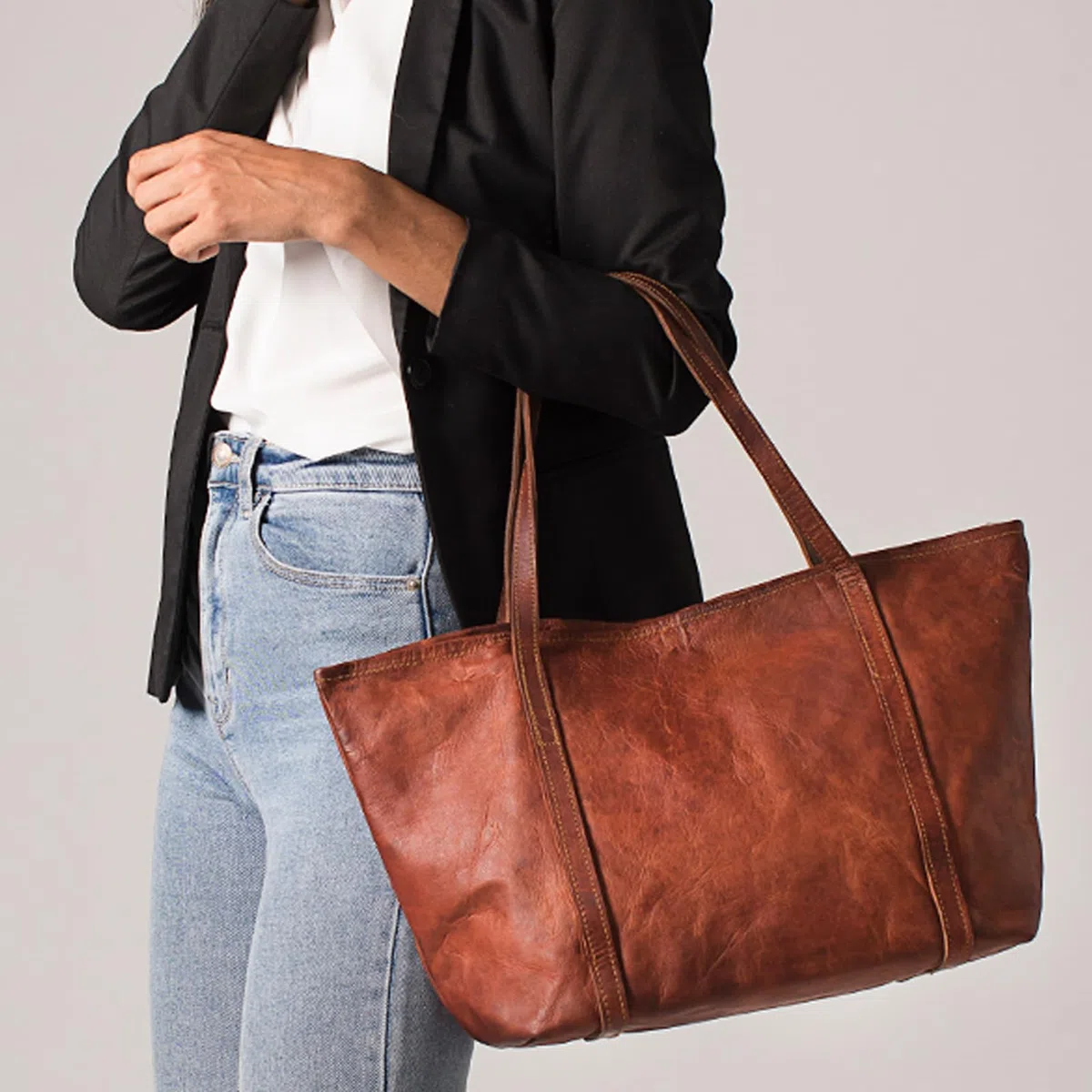 LEABAGS Bolso de Mano Mujer | Shopper de Cuero Genuino Premium | Bolsa de Negocios para Portátil de hasta 16" | Bolsa de Transporte para Trabajo, Universidad, Escuela, Tiempo Libre o Compras | Marrón