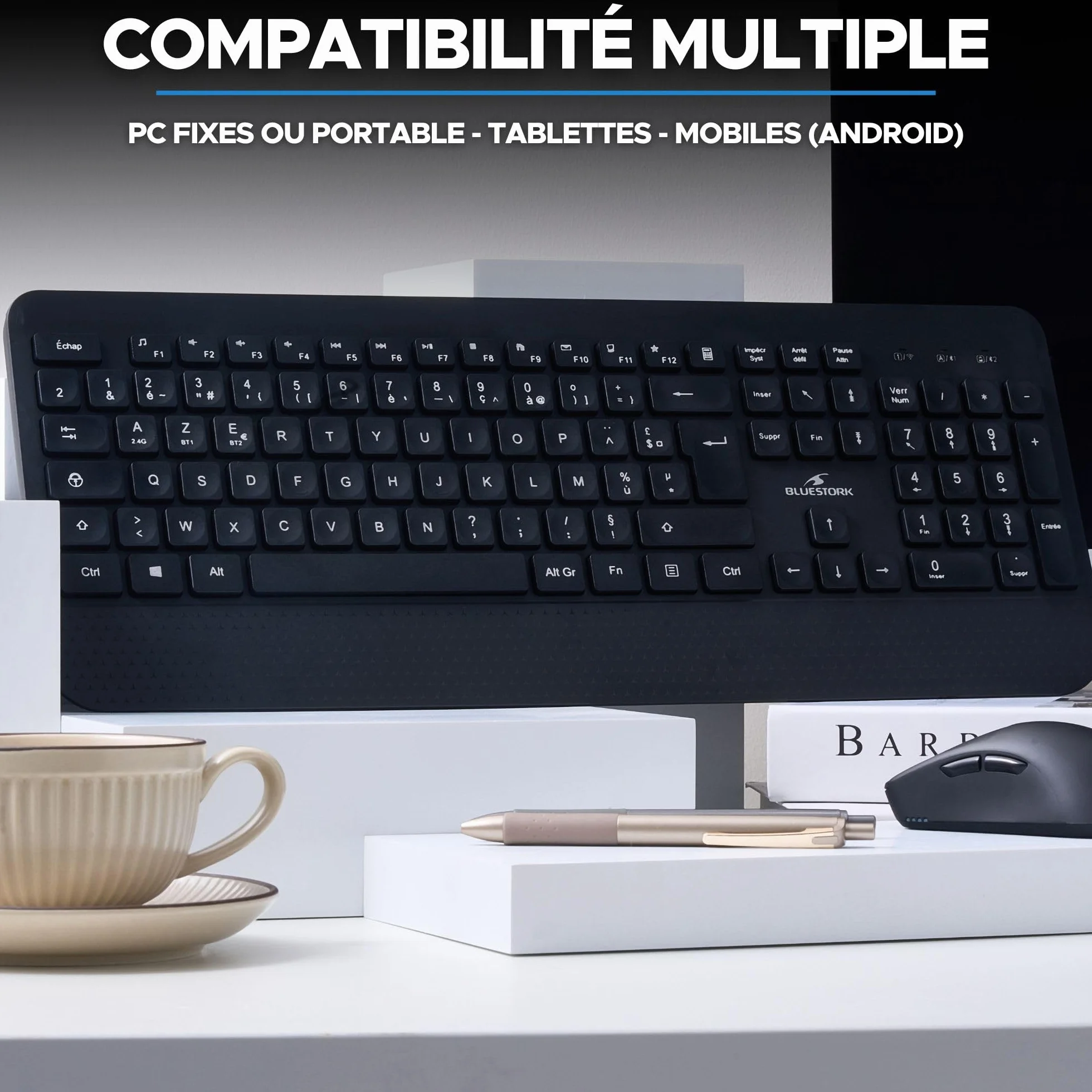 Bluestork KB Office R2 - Teclado inalámbrico, Dos Conexiones BT / 2,4 GHz, Teclado Bluetooth PC, Recargable USB-C, 70 h autonomía, silenciador - Windows/Tablets/Móviles - Disposición AZERTY Francesa