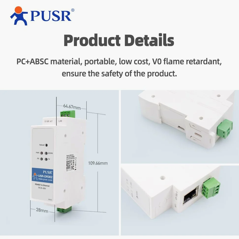 Convertidor de riel DIN RS485 a Ethernet Modbus RTU a TCP Modbus Gateway transmite datos de forma transparente entre TCP/IP y RS485 página web definida por el usuario USR-DR302