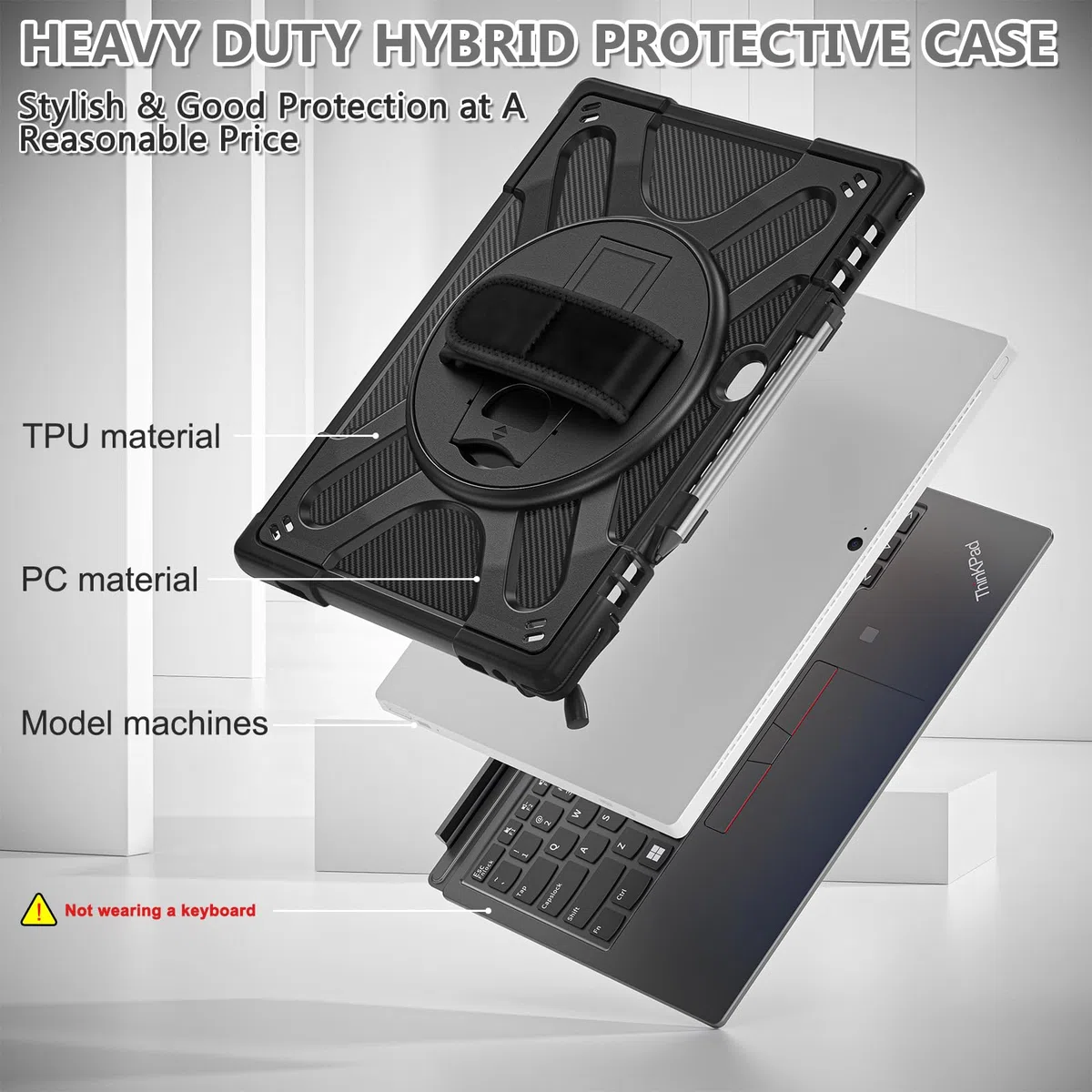 Junfire Funda para Lenovo ThinkPad X12 Detachable Gen 2/ThinkPad X12 12,3 Pulgadas 2024/2021, Funda con Soporte Giratorio, Correa de Mano, Correa de Hombro y portalápices Compatible con Teclado-Negro