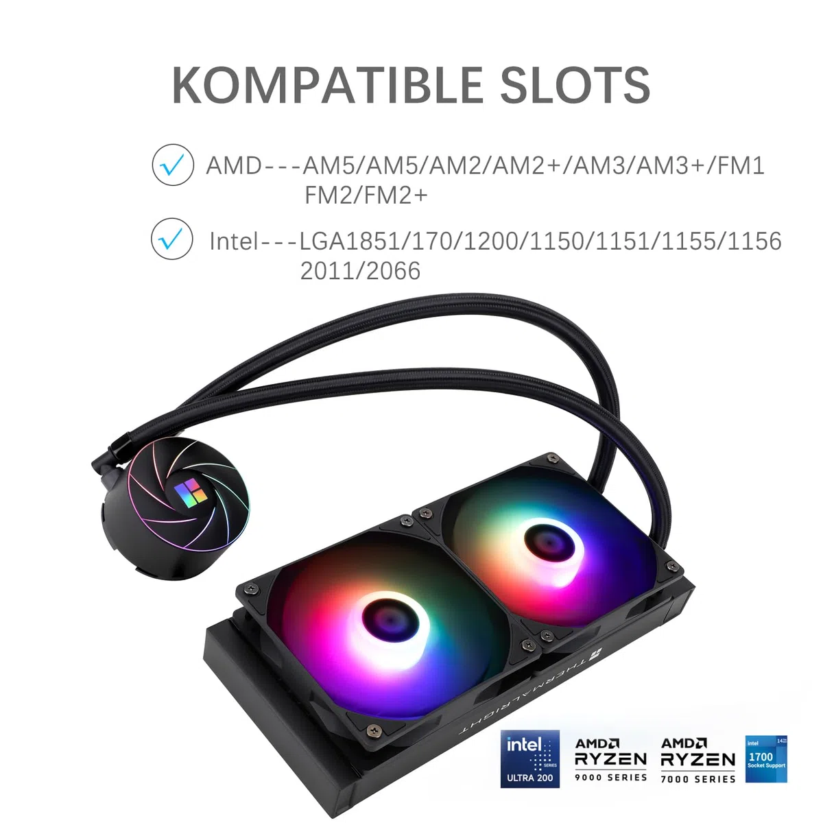 TR-Thermalright AQUA ELITE 240 ARGB, Enfriador líquido para CPU, Refrigeración AIO de 240 mm,Doble ventilador PWM de bajo ruido con ARGB,Para AM4/AM5,Intel LGA1851/1700/115x/1200, Negro