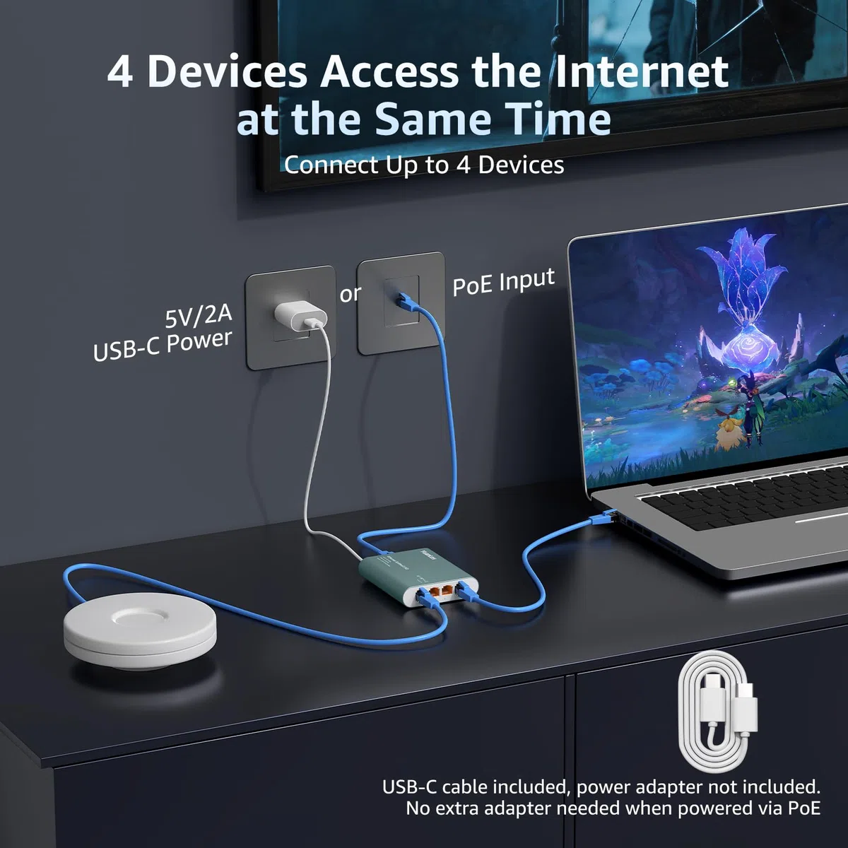 Splitter Ethernet 2.5G 1 a 4 con Entrada PoE, Splitter de Internet RJ45 de Alta Velocidad 2.5G con Carcasa de Aluminio, Aislamiento de Puerto VLAN, Alimentado por PoE/USB-C, Cable USB-C Incluido