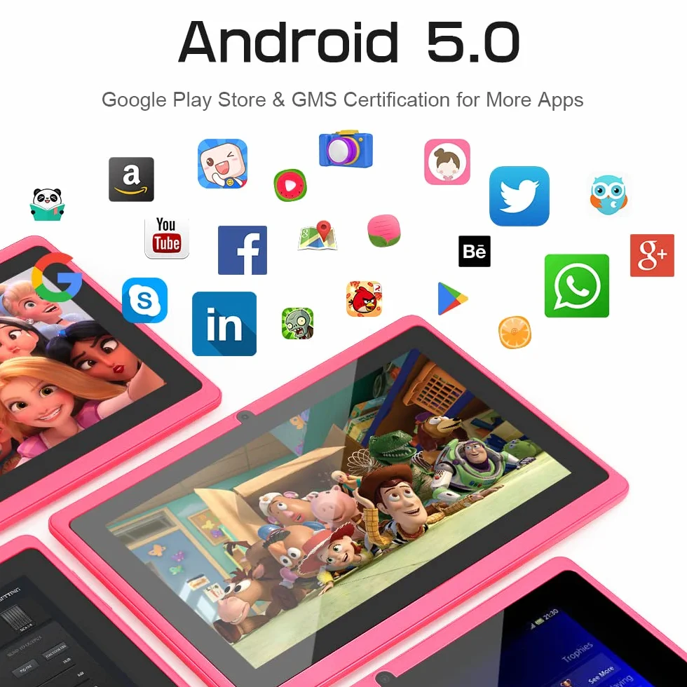 7" Tablet PC, Android 5.0 Quad Core, 1GB RAM 8GB ROM, Cámaras Duales, WiFi, Bluetooth, para Niños y Adultos, Negro